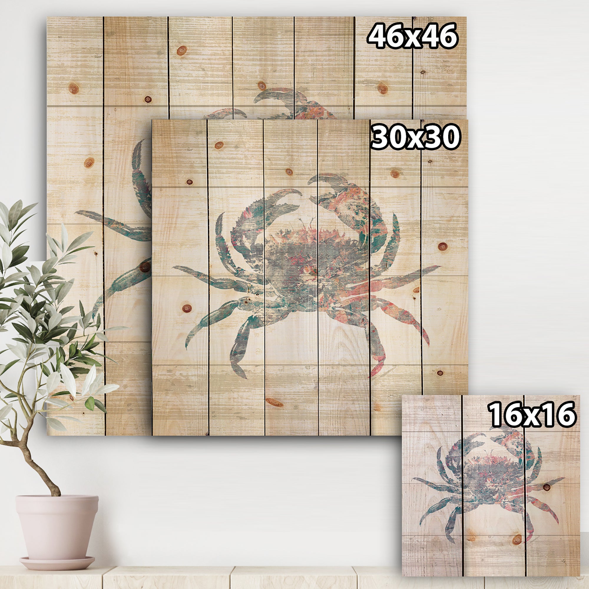 Pink Crab Ocean Life - Nautical & Coastal Print on Natural Pine Wood - 16x16