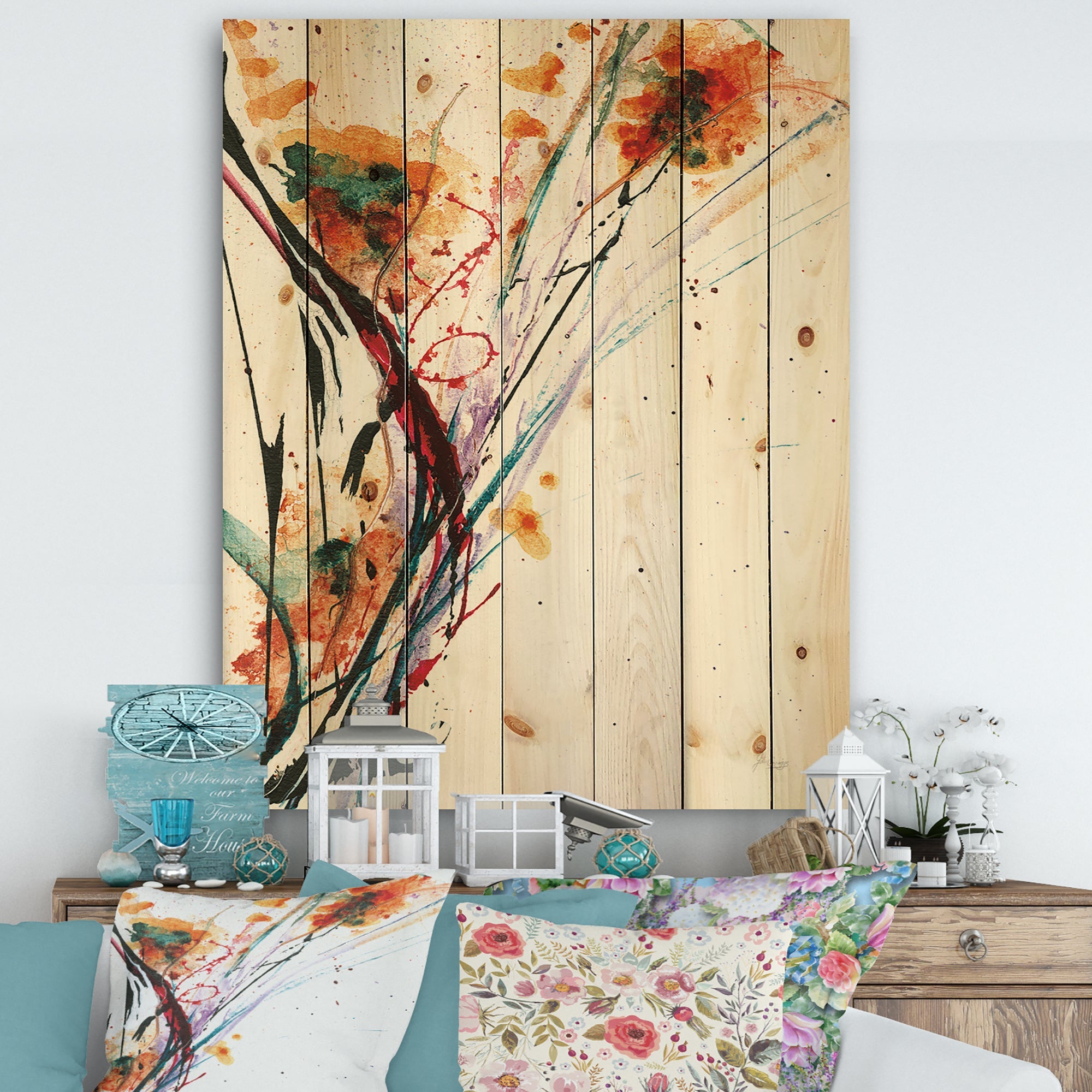 Abstract Orange Flowers - Traditional Print on Natural Pine Wood