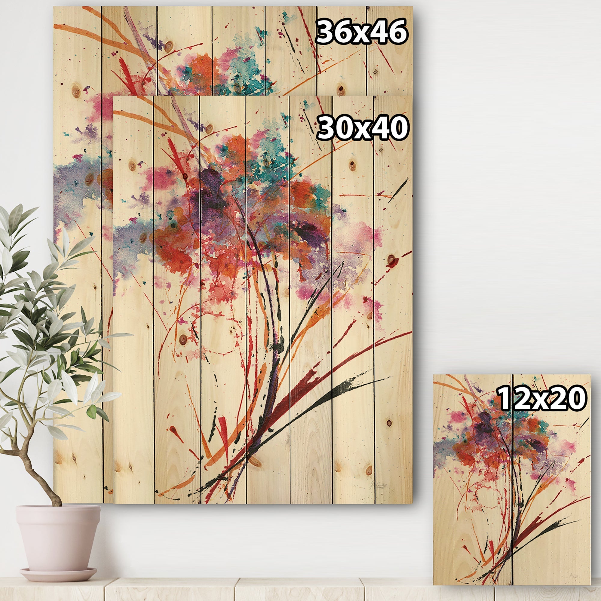 Abstract Red Flowers - Traditional Print on Natural Pine Wood