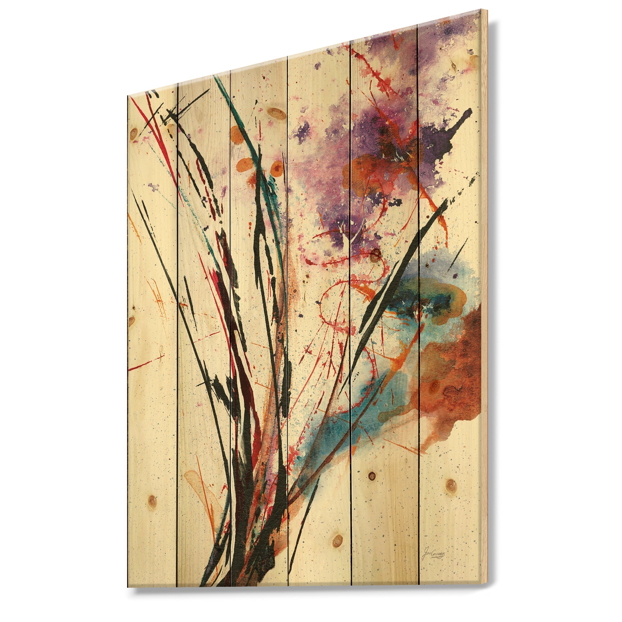 Abstract Purple and Blue Flowers - Traditional Print on Natural Pine Wood