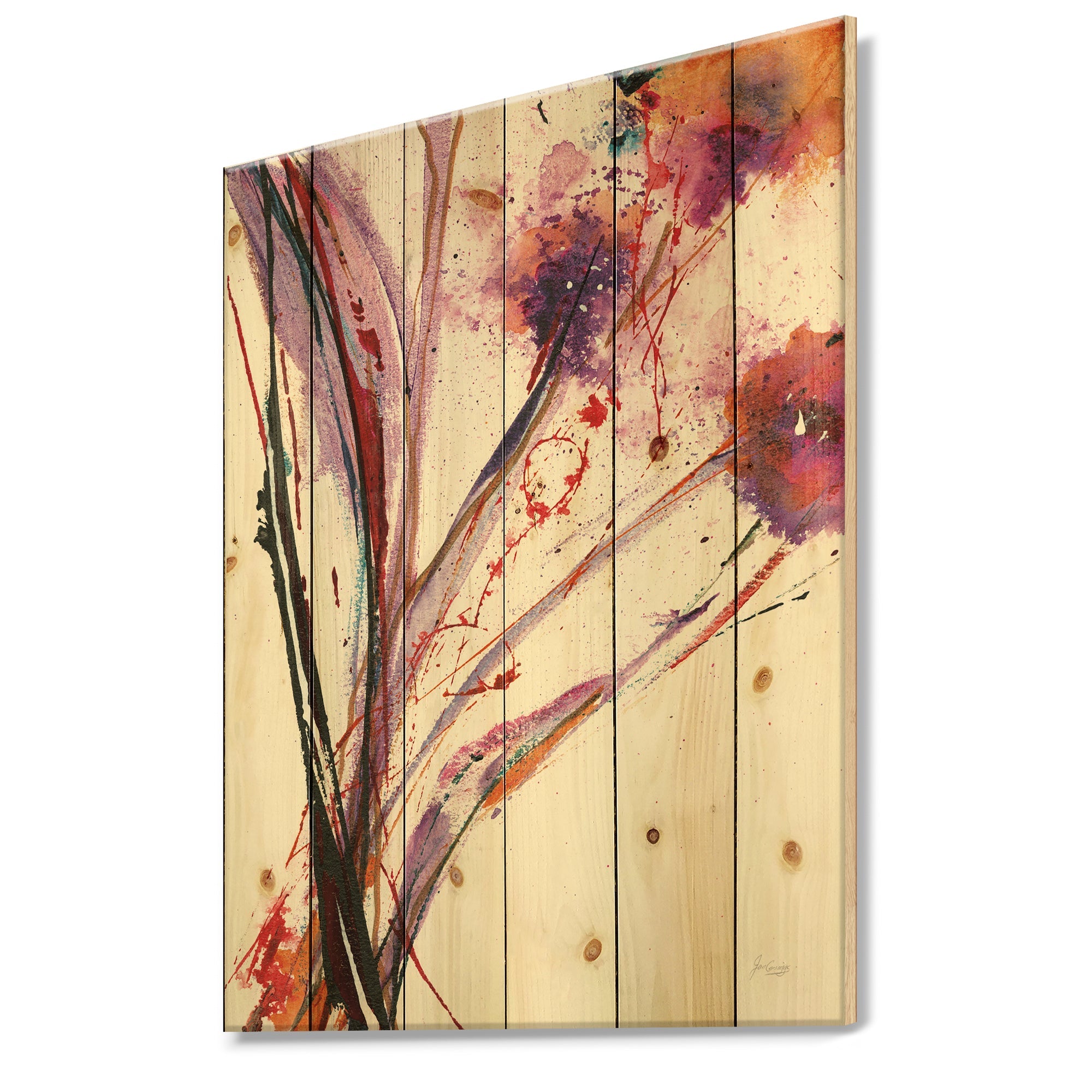 Abstract Purple Flowers - Traditional Print on Natural Pine Wood