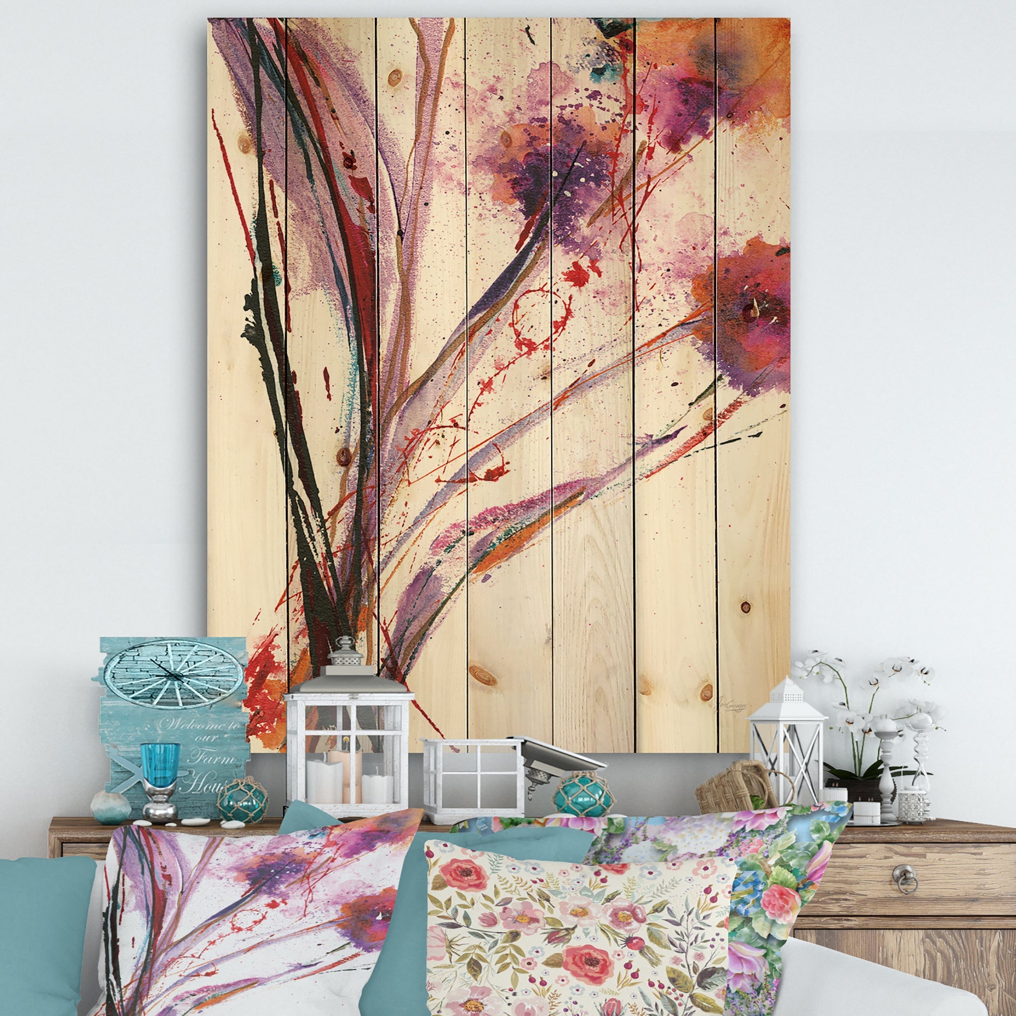 Abstract Purple Flowers - Traditional Print on Natural Pine Wood