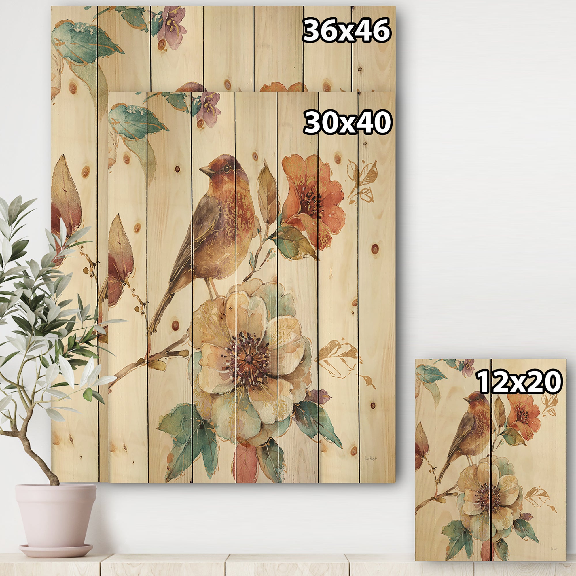 Farmhouse Bird on Flower Branch - Traditional Print on Natural Pine Wood - 15x20