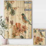 Cottage Bird on Orange Flower Twig - Traditional Print on Natural Pine Wood - 15x20