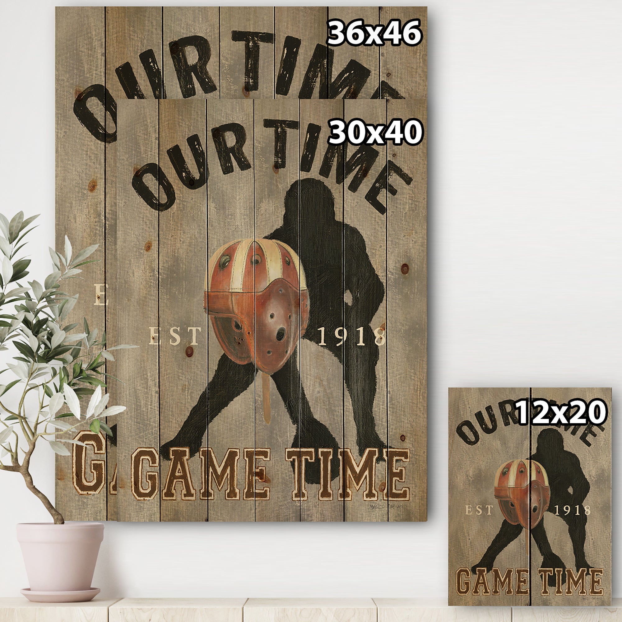 football Game Day I - Vintage Sport Print on Natural Pine Wood - 15x20