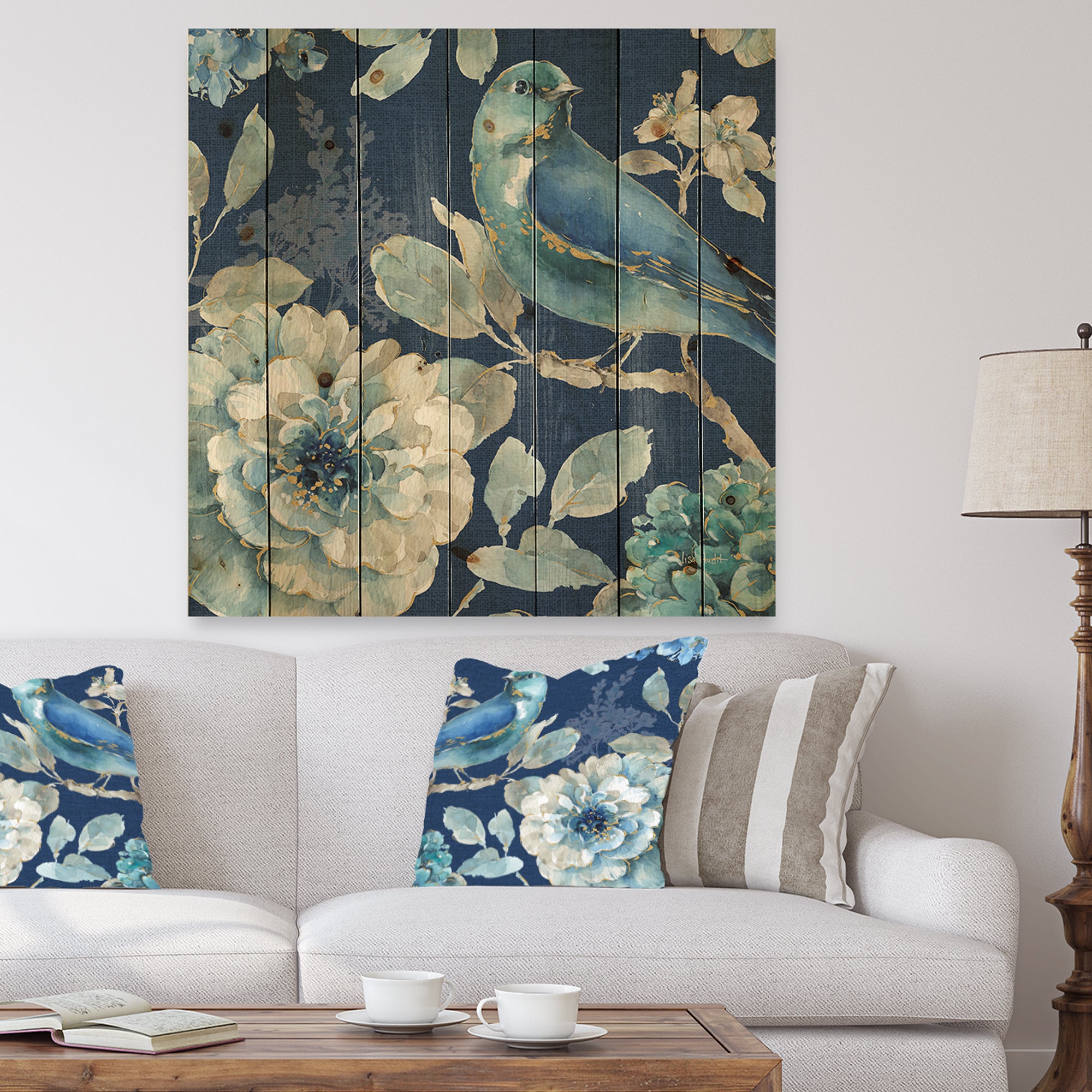 Indigold Bird Cottage Family III - Farmhouse Print on Natural Pine Wood - 16x16