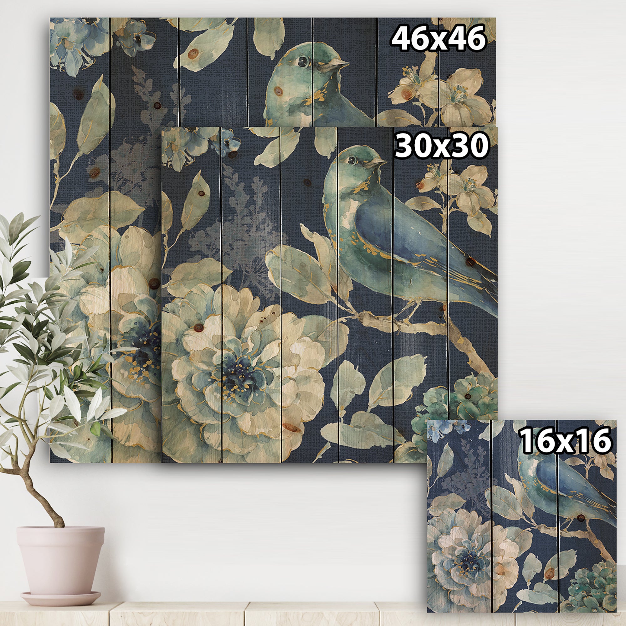 Indigold Bird Cottage Family III - Farmhouse Print on Natural Pine Wood - 16x16