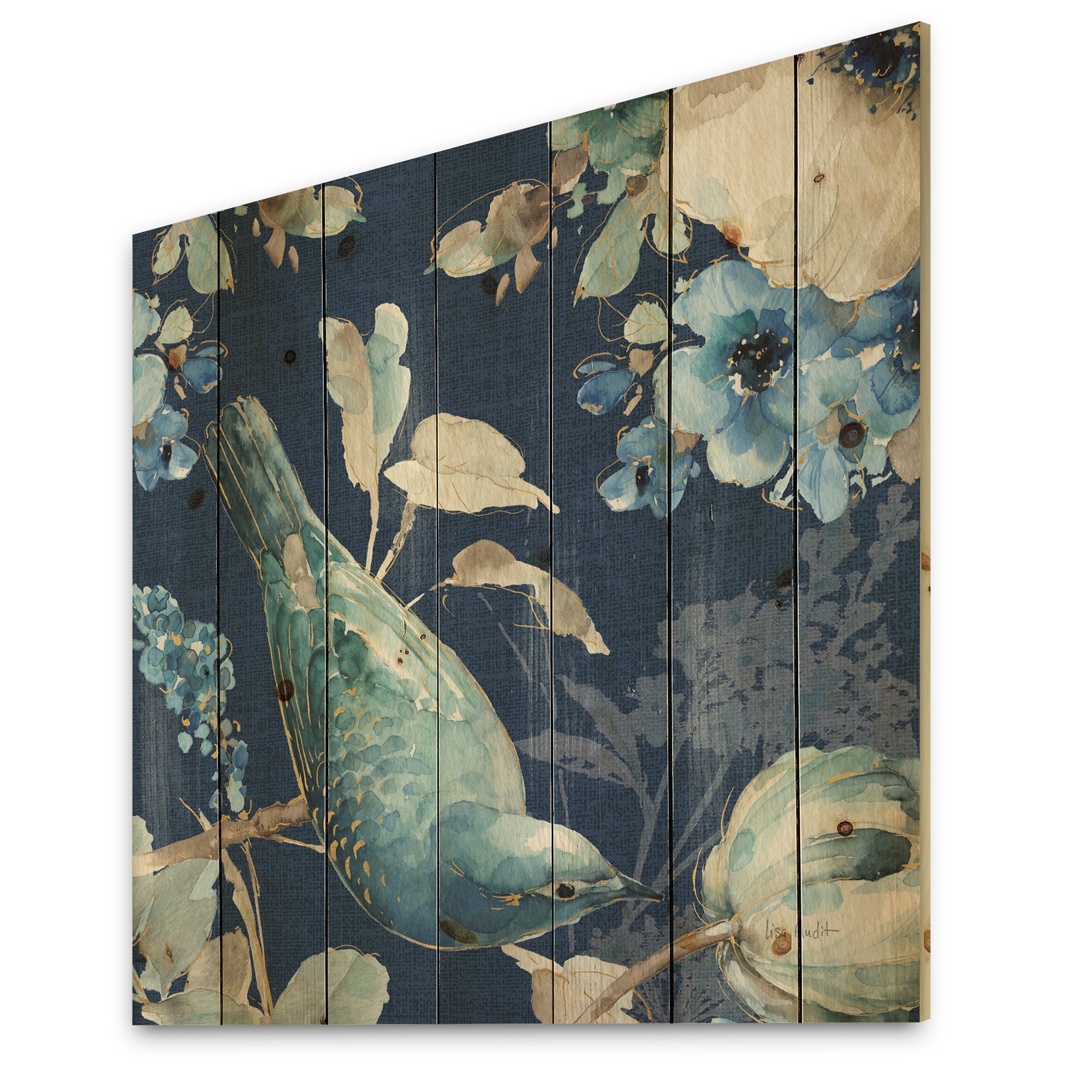 Indigold Bird Cottage Family IV - Farmhouse Print on Natural Pine Wood - 16x16