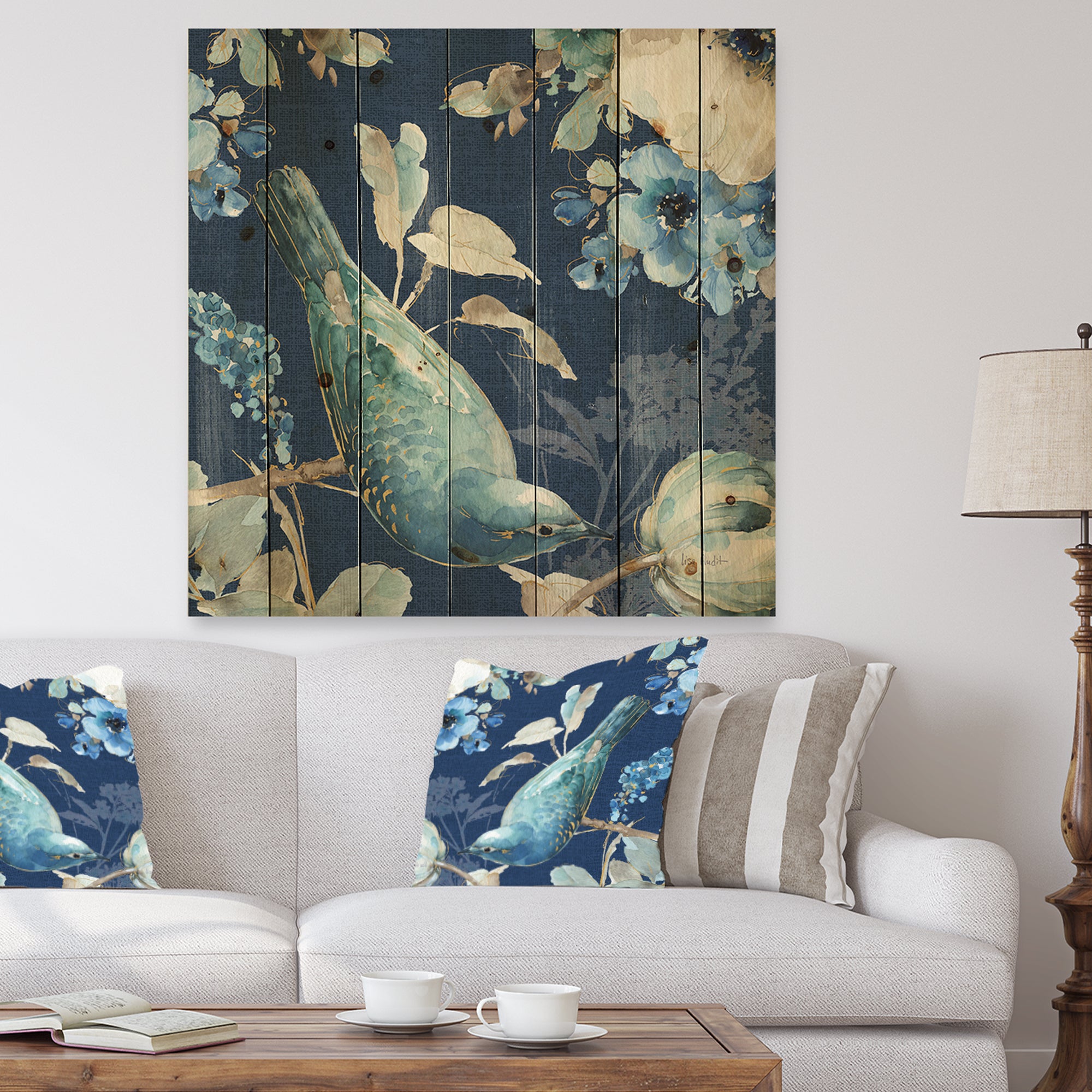 Indigold Bird Cottage Family IV - Farmhouse Print on Natural Pine Wood - 16x16