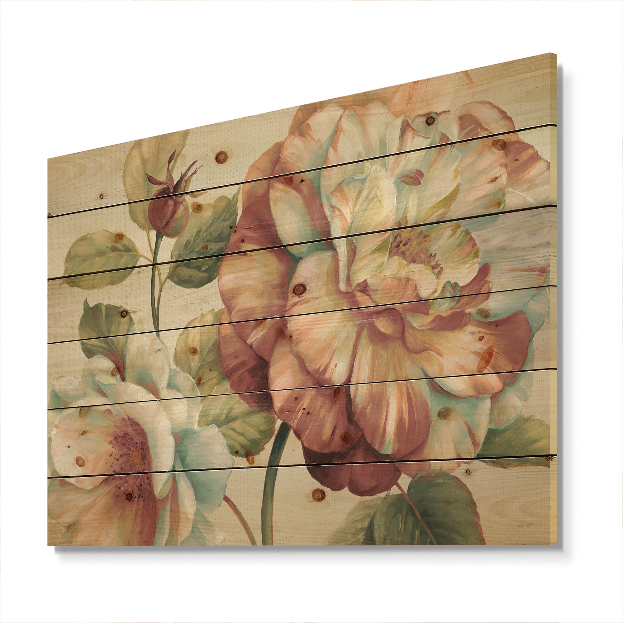 Romantic Dark Rose Blossing Flowers - Floral Print on Natural Pine Wood - 20x15