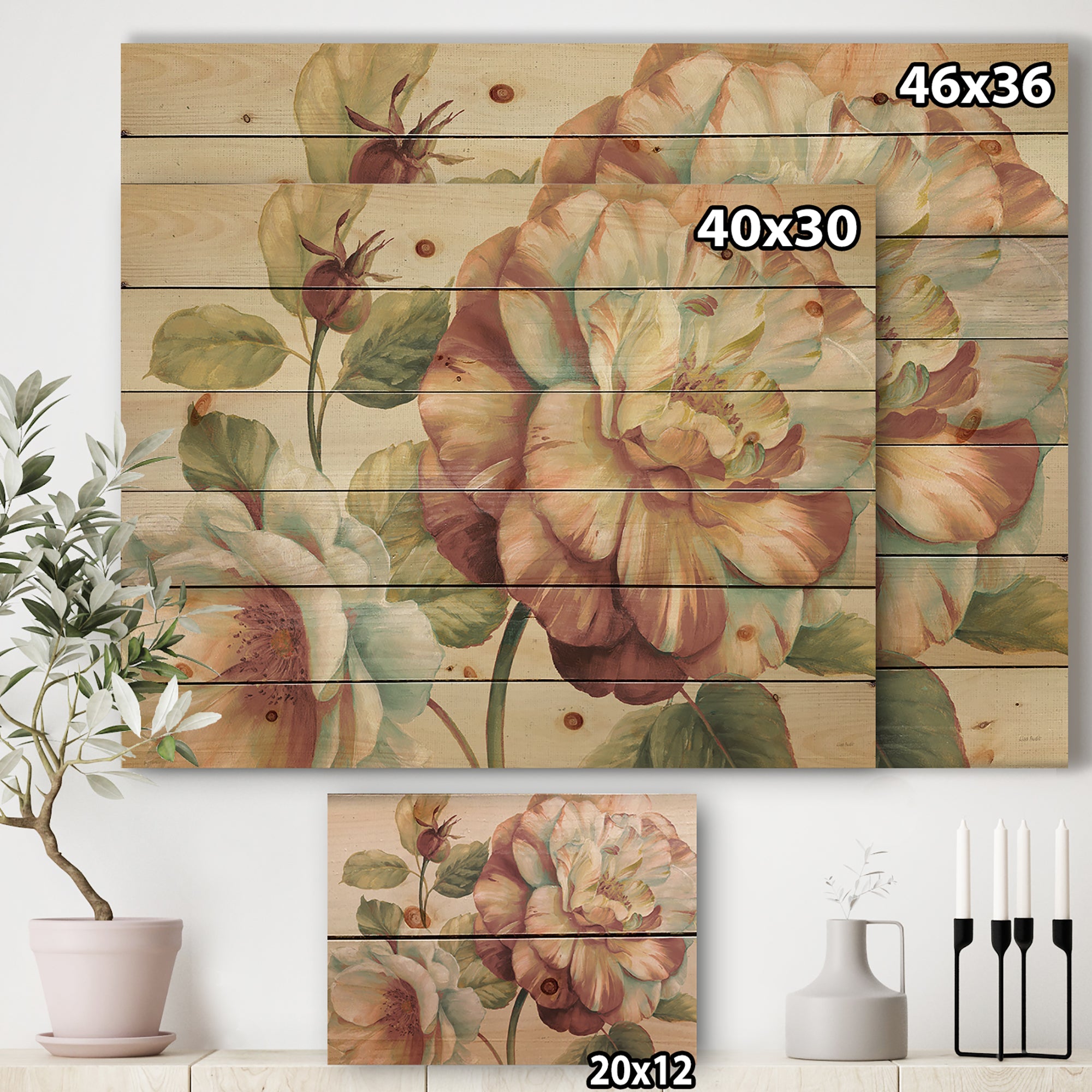 Romantic Dark Rose Blossing Flowers - Floral Print on Natural Pine Wood - 20x15