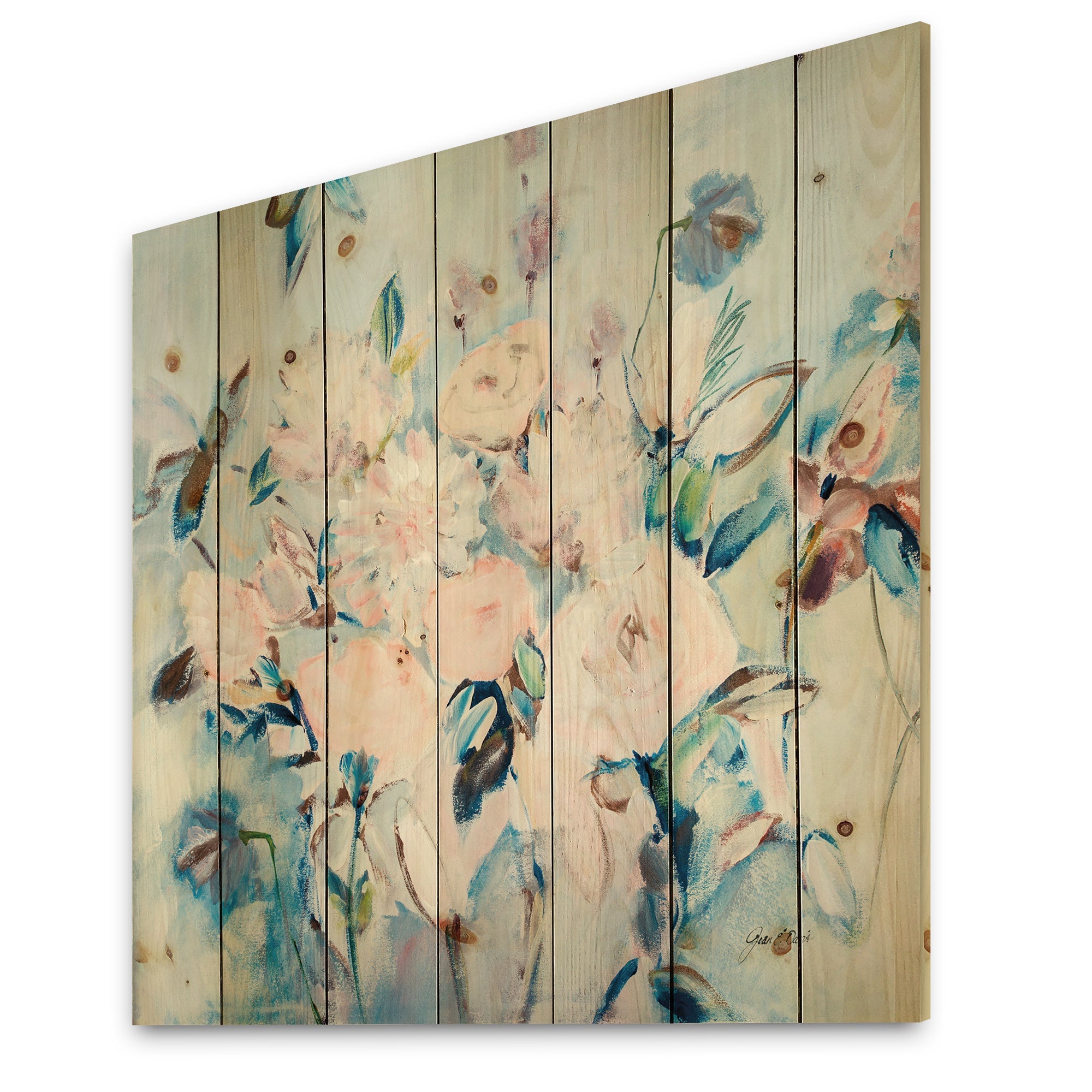 Abstract Pink Flowers Farmhouse Waterpainting - Farmhouse Print on Natural Pine Wood