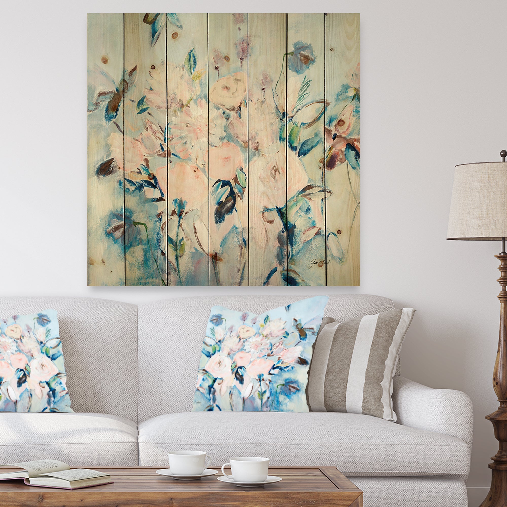 Abstract Pink Flowers Farmhouse Waterpainting - Farmhouse Print on Natural Pine Wood