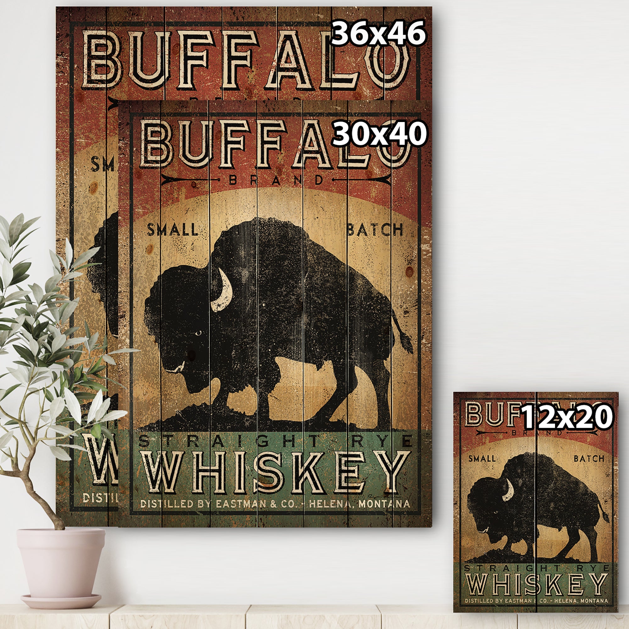 Vintage Buffalo Whiskey - Wildlife Print on Natural Pine Wood - 15x20