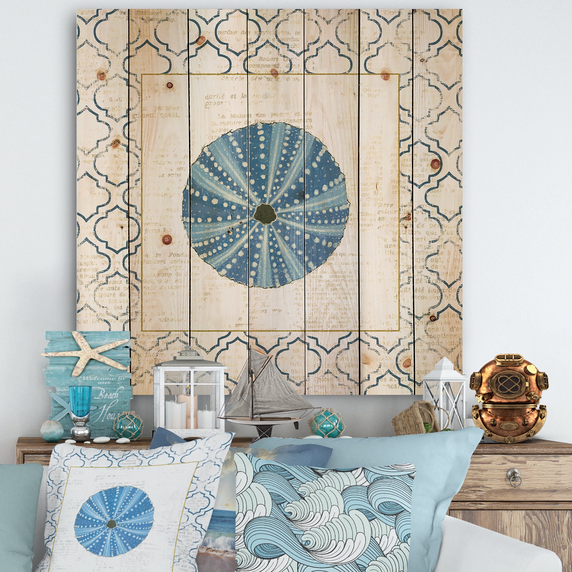 Blue Conch Shell On Blue Coastal Pattern  - Nautical & Coastal Print on Natural Pine Wood - 16x16