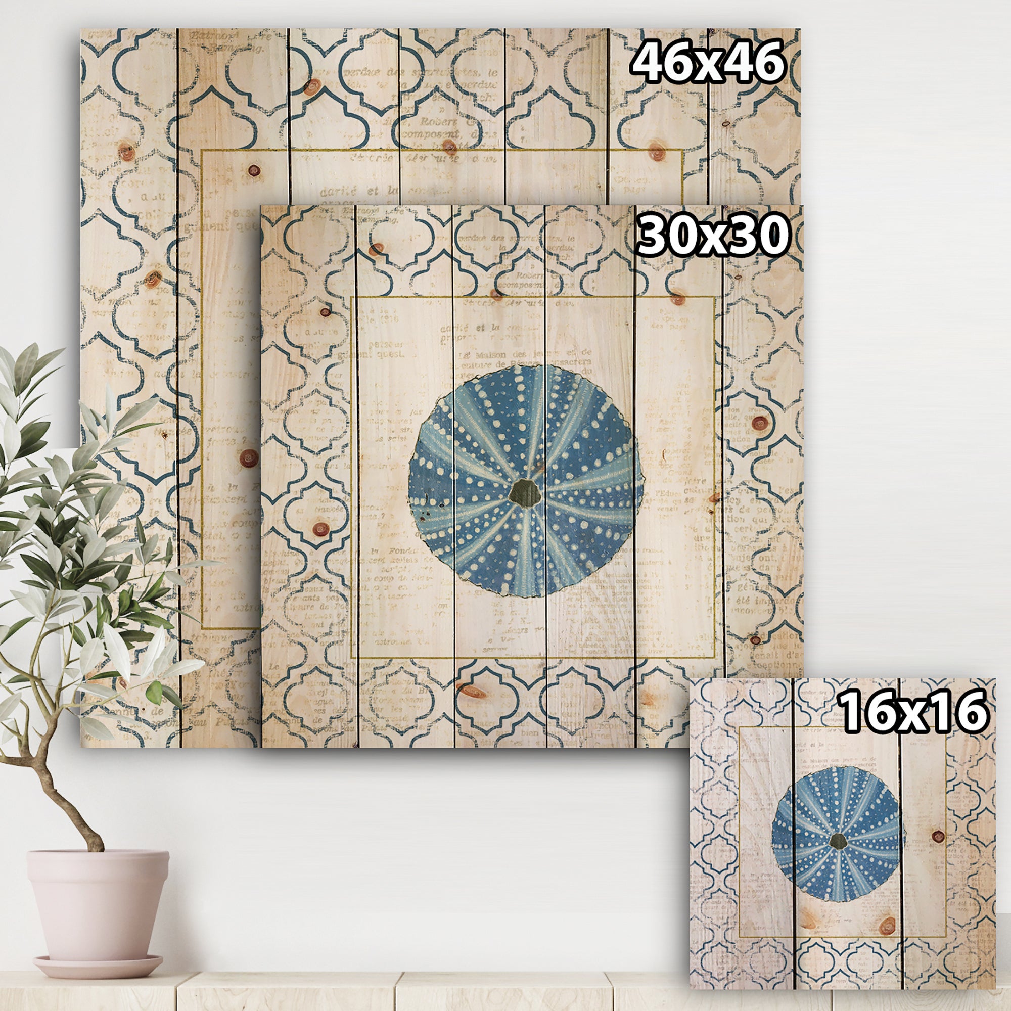 Blue Conch Shell On Blue Coastal Pattern  - Nautical & Coastal Print on Natural Pine Wood - 16x16