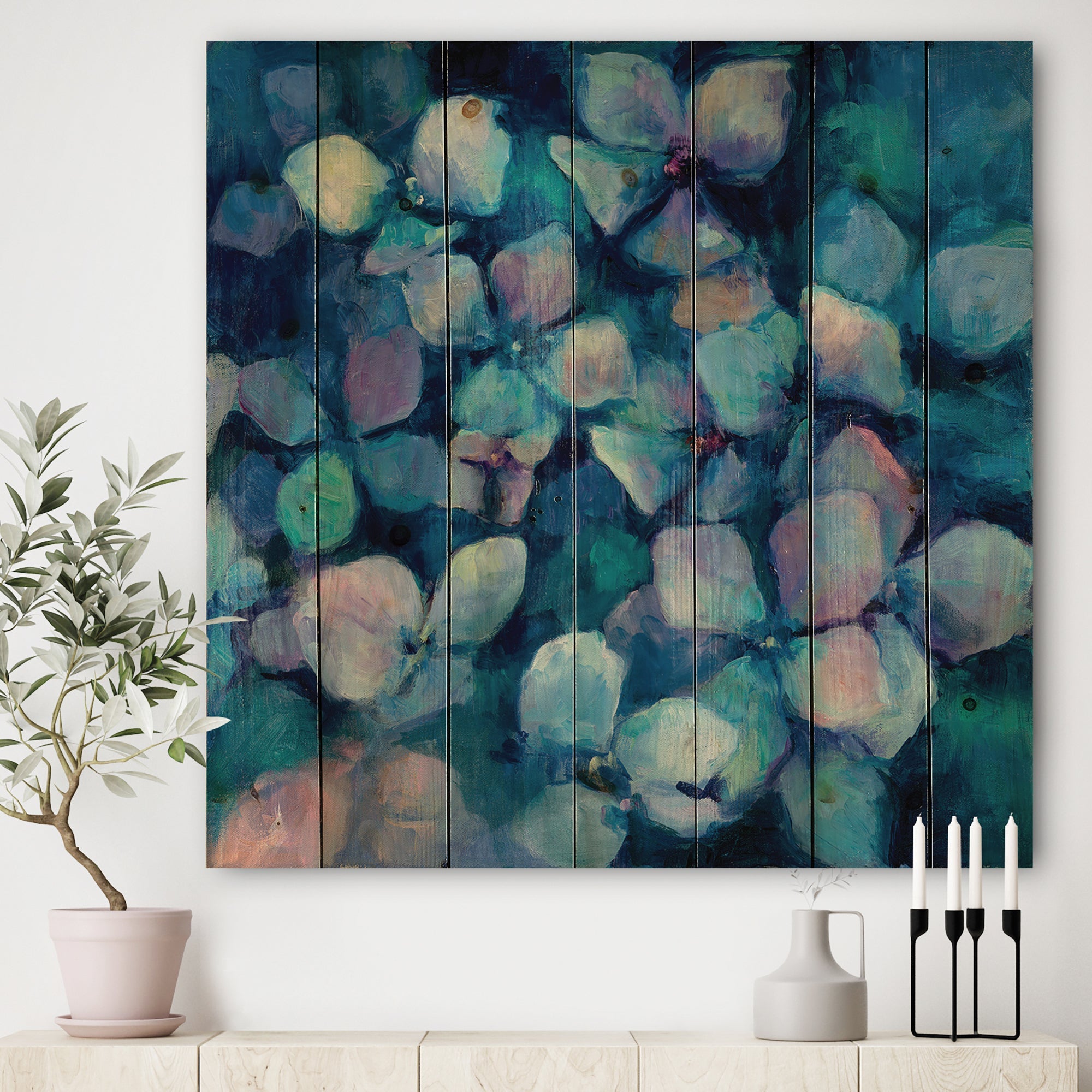 Abstract Blue Flower Petals - Traditional Print on Natural Pine Wood