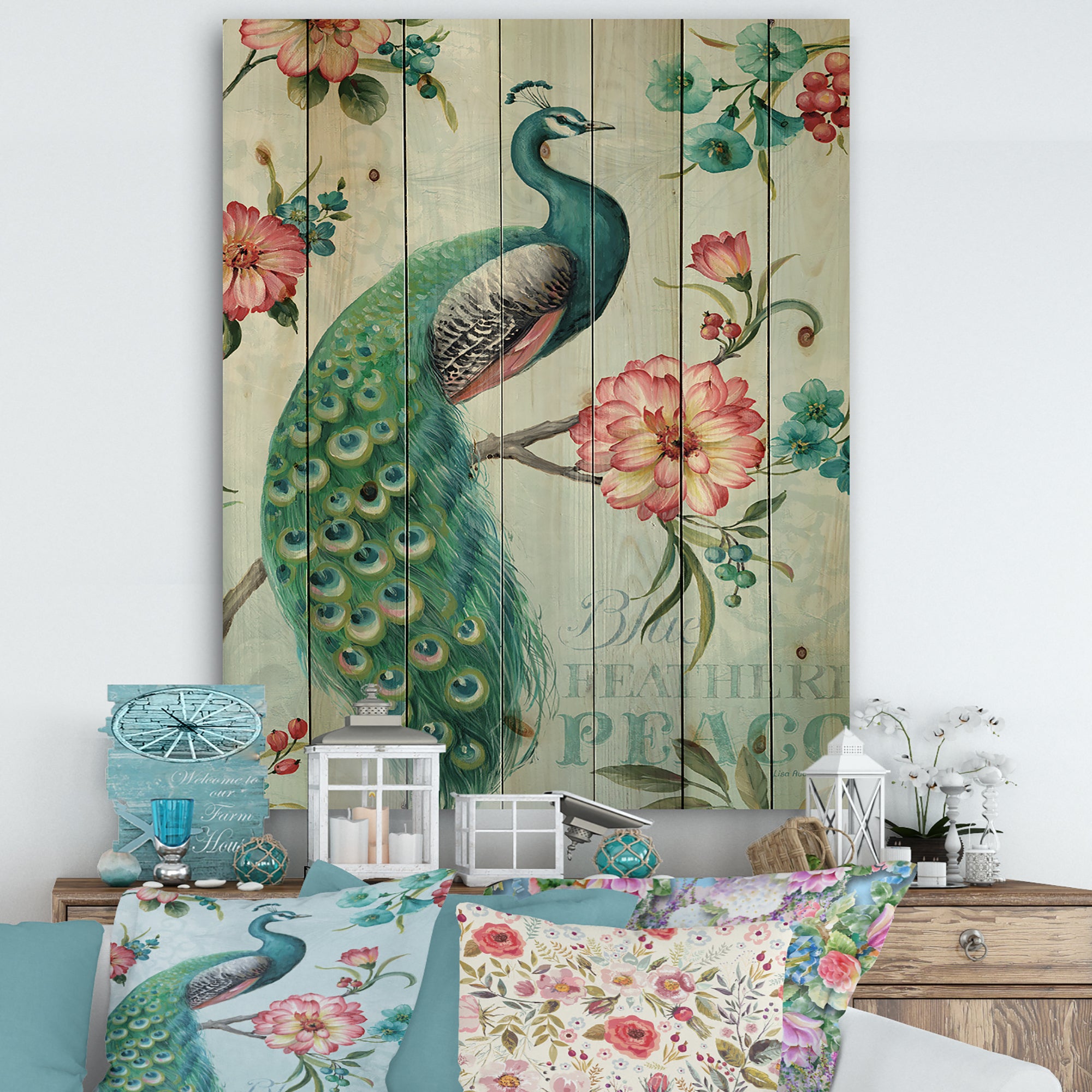 Handpainted Peacock  - Floral and botanical Print on Natural Pine Wood - 15x20