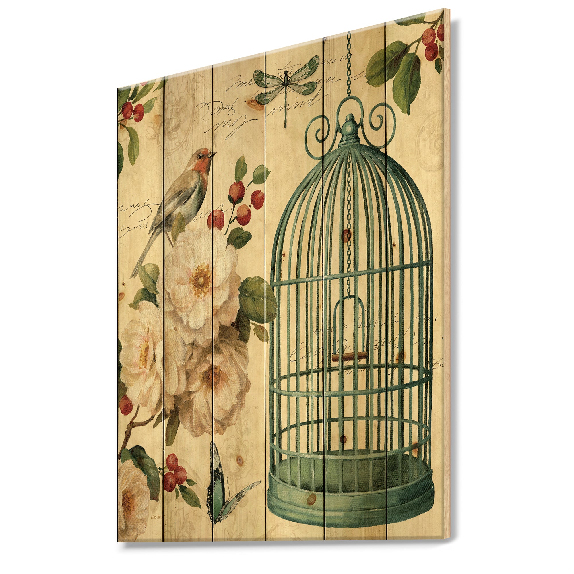 Blue Cottage Bird, Birdcage and Apple Blossoms II - Floral and botanical Print on Natural Pine Wood - 15x20