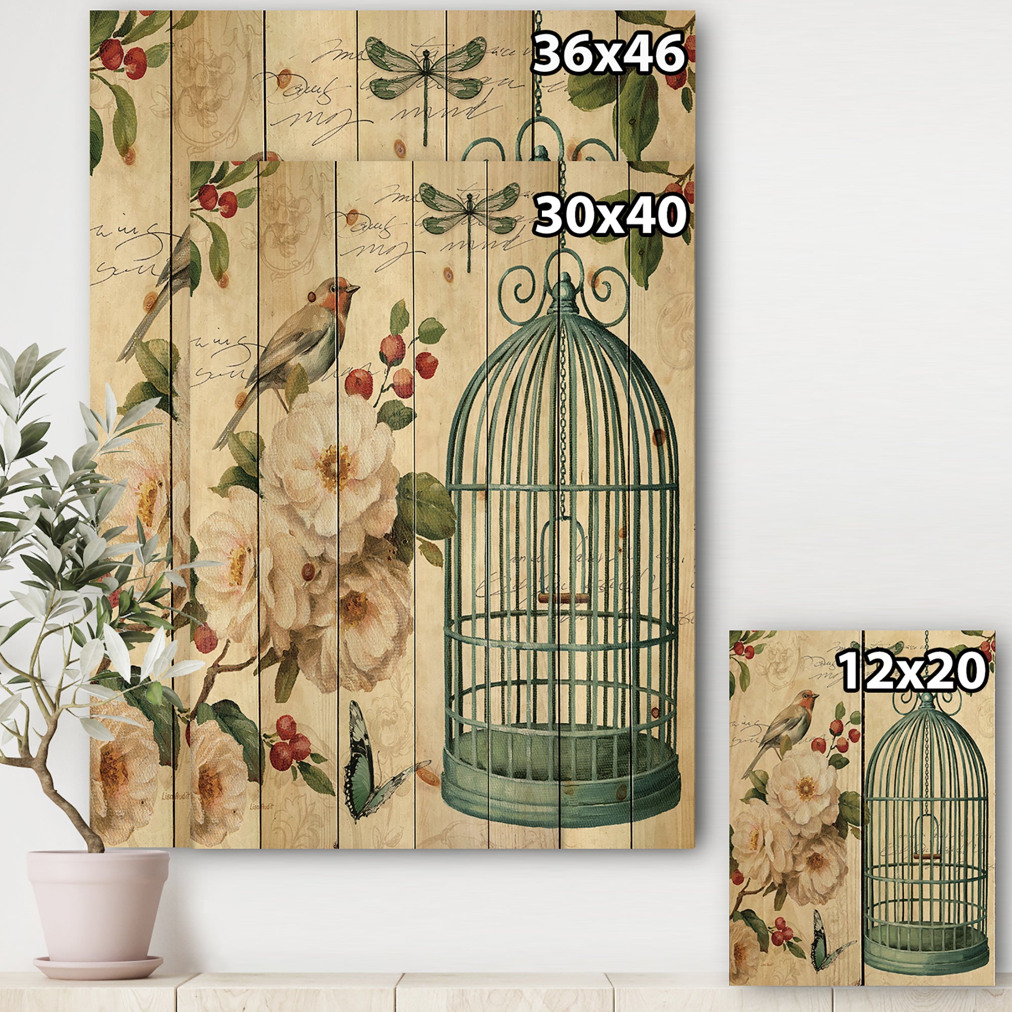 Blue Cottage Bird, Birdcage and Apple Blossoms II - Floral and botanical Print on Natural Pine Wood - 15x20