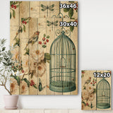 Blue Cottage Bird, Birdcage and Apple Blossoms II - Floral and botanical Print on Natural Pine Wood - 15x20