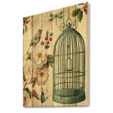 Blue Cottage Bird, Birdcage and Apple Blossoms II - Floral and botanical Print on Natural Pine Wood - 15x20