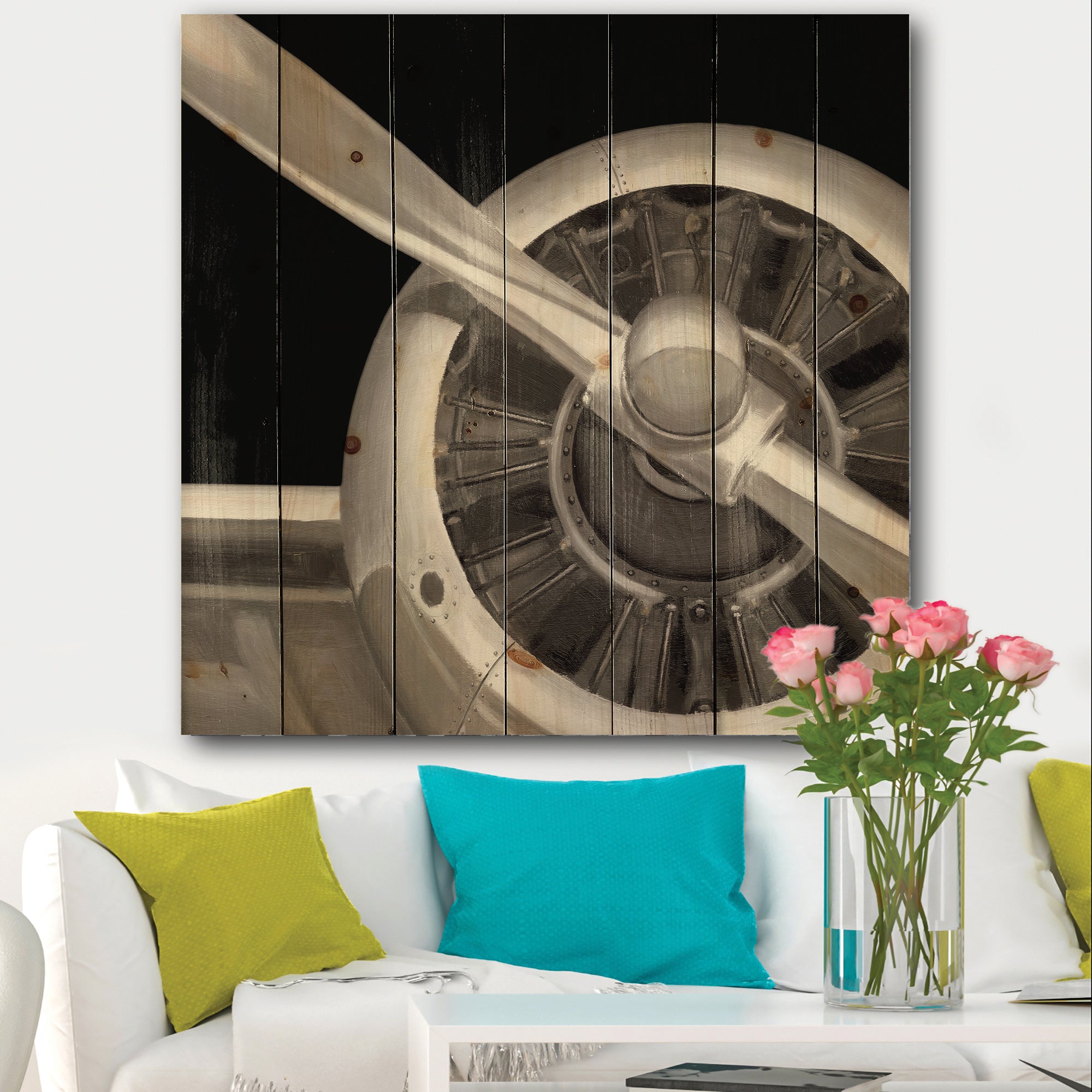 Travel by Air Grey Plane - Vintage Transportation Print on Natural Pine Wood - 16x16