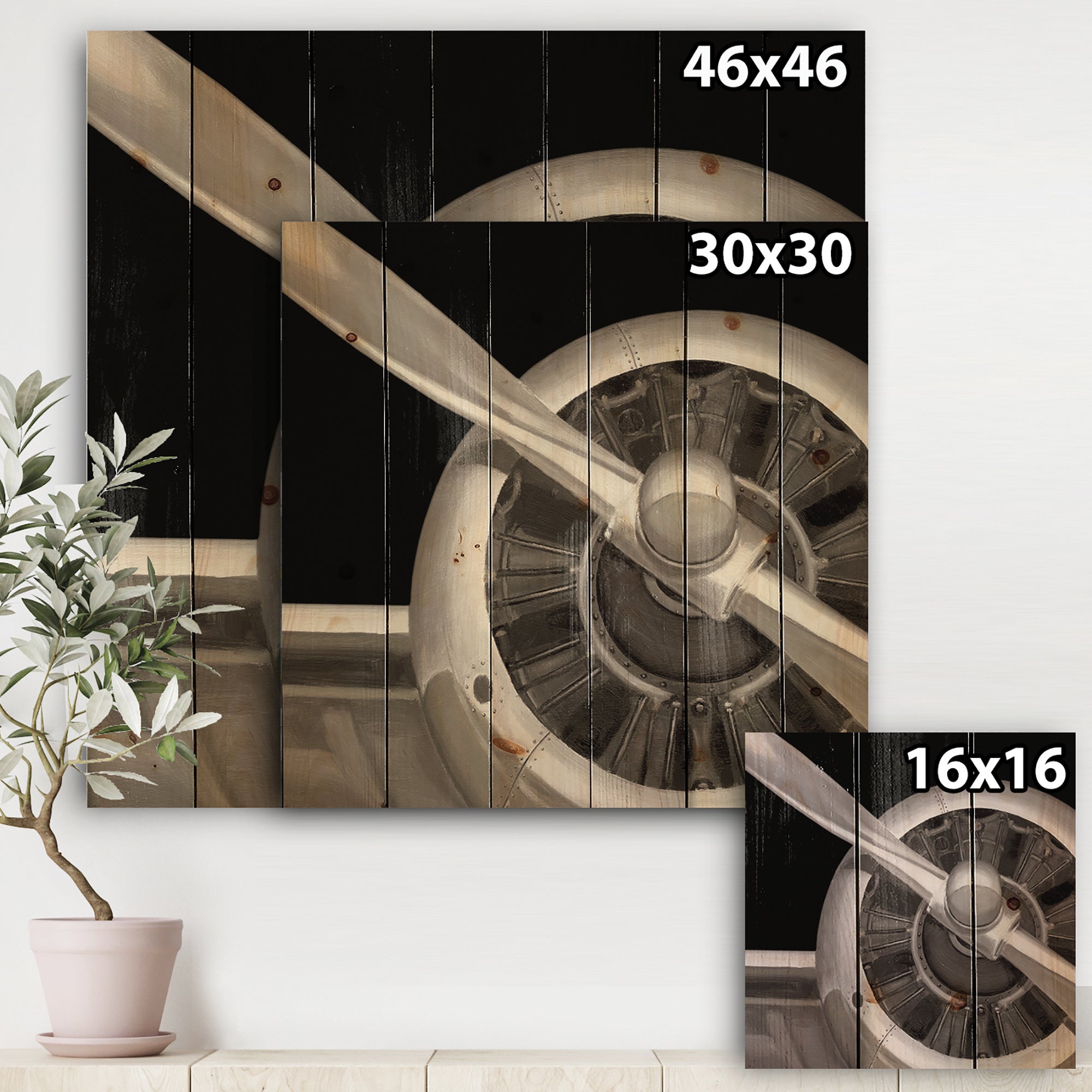 Travel by Air Grey Plane - Vintage Transportation Print on Natural Pine Wood - 16x16