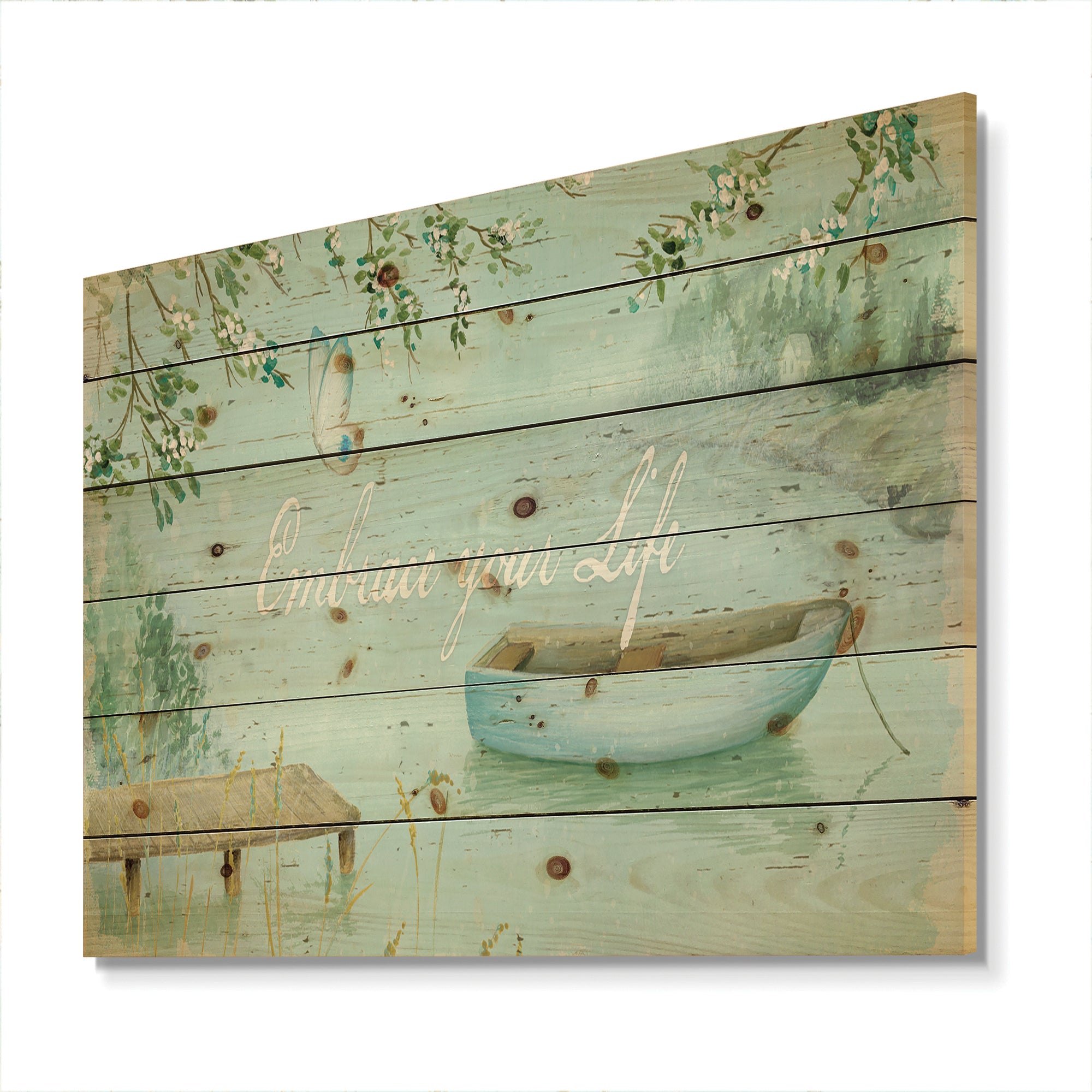 Lake House Canoes IV - Lake House Print on Natural Pine Wood - 20x15