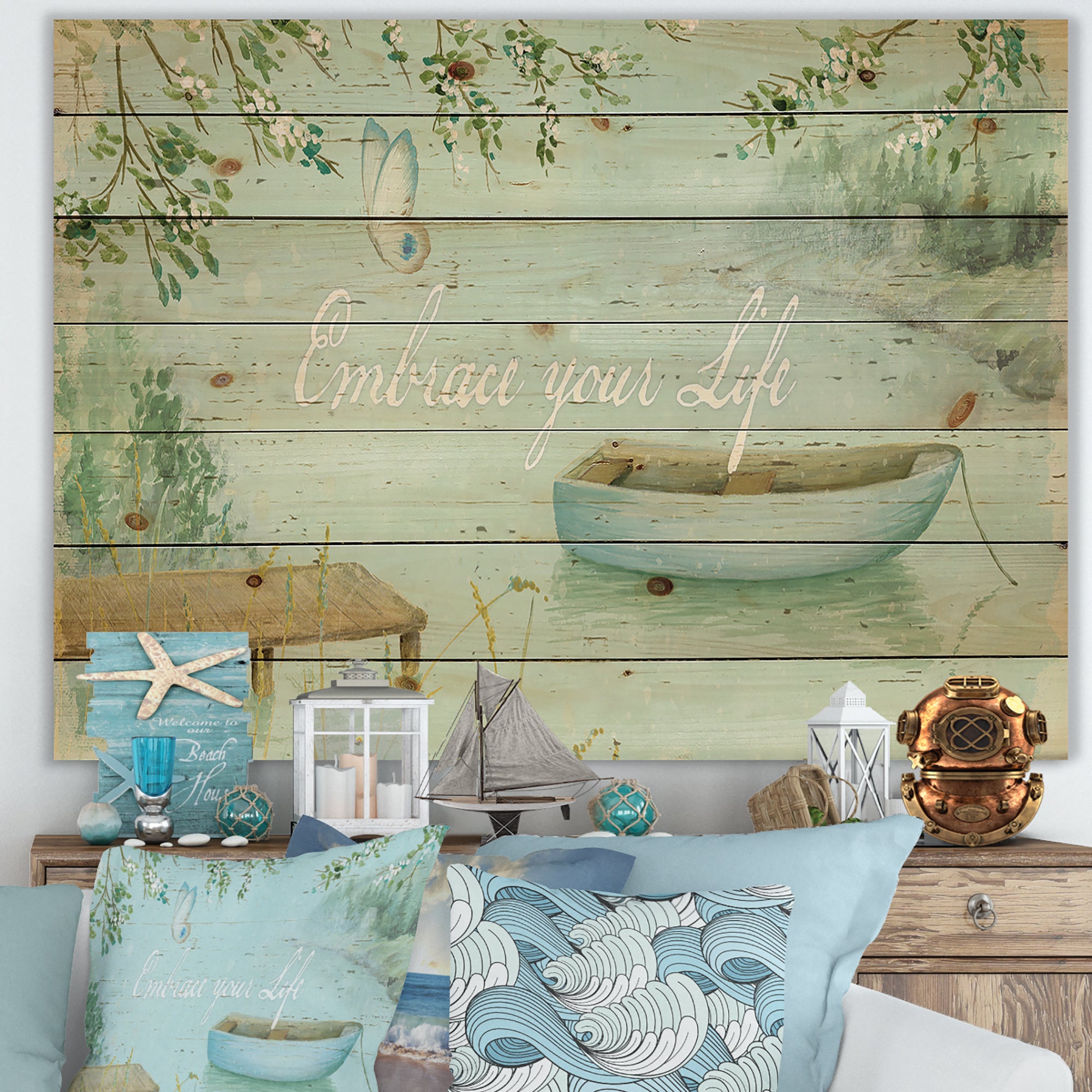 Lake House Canoes IV - Lake House Print on Natural Pine Wood - 20x15