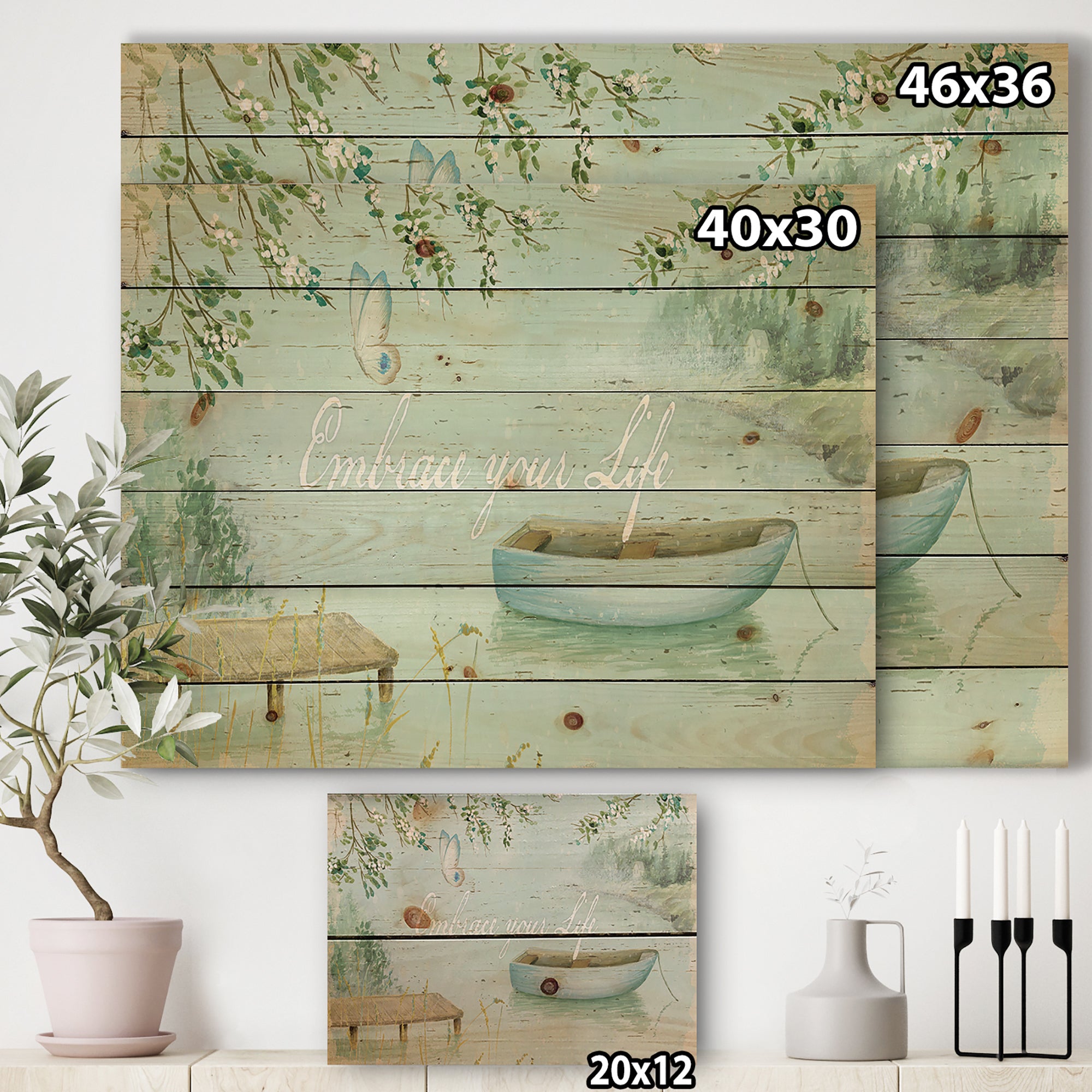 Lake House Canoes IV - Lake House Print on Natural Pine Wood - 20x15