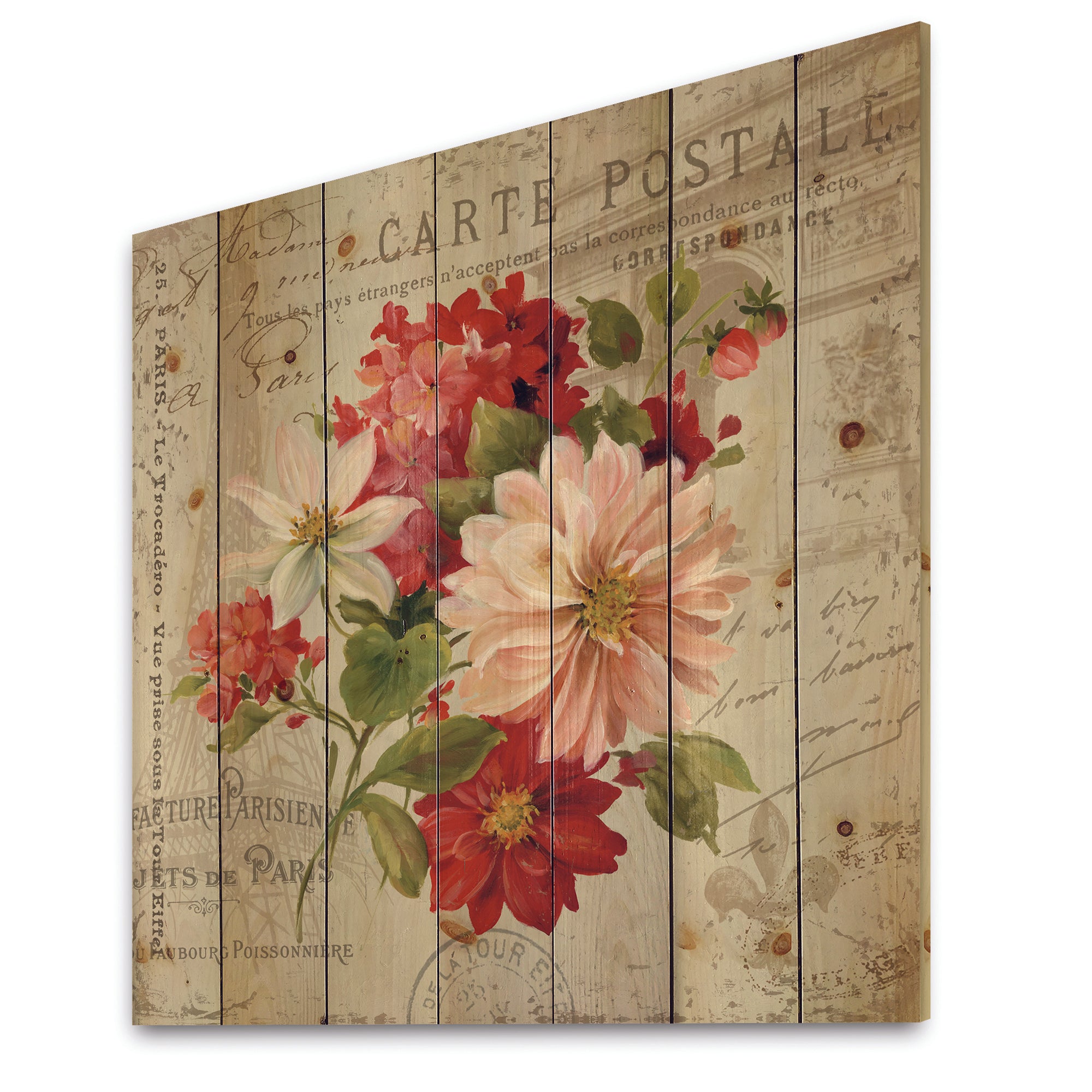 Red Painted Flowers on Vintage Postcard II - Farmhouse Print on Natural Pine Wood - 16x16