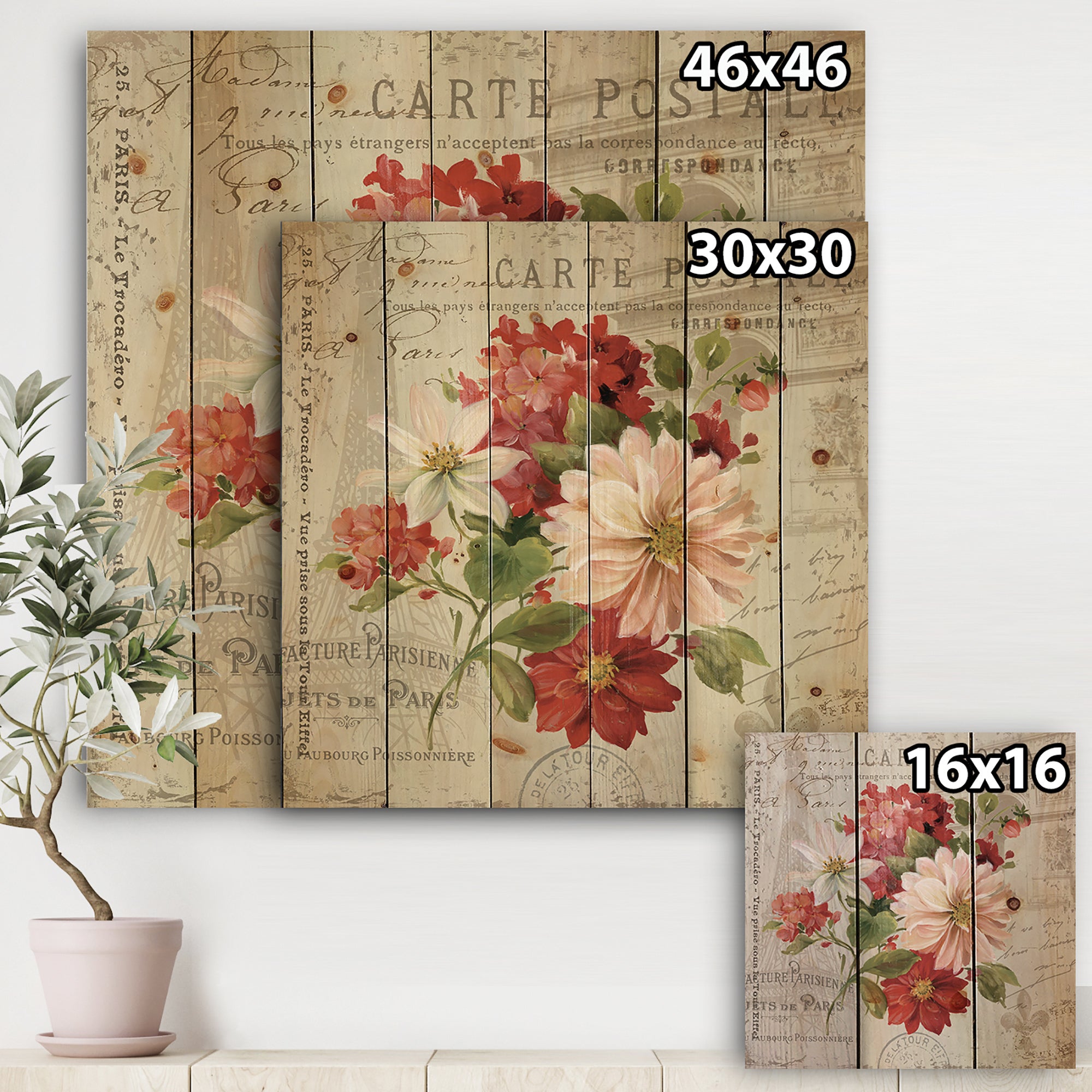 Red Painted Flowers on Vintage Postcard II - Farmhouse Print on Natural Pine Wood - 16x16