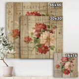 Red Painted Flowers on Vintage Postcard II - Farmhouse Print on Natural Pine Wood - 16x16