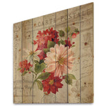 Red Painted Flowers on Vintage Postcard II - Farmhouse Print on Natural Pine Wood - 16x16