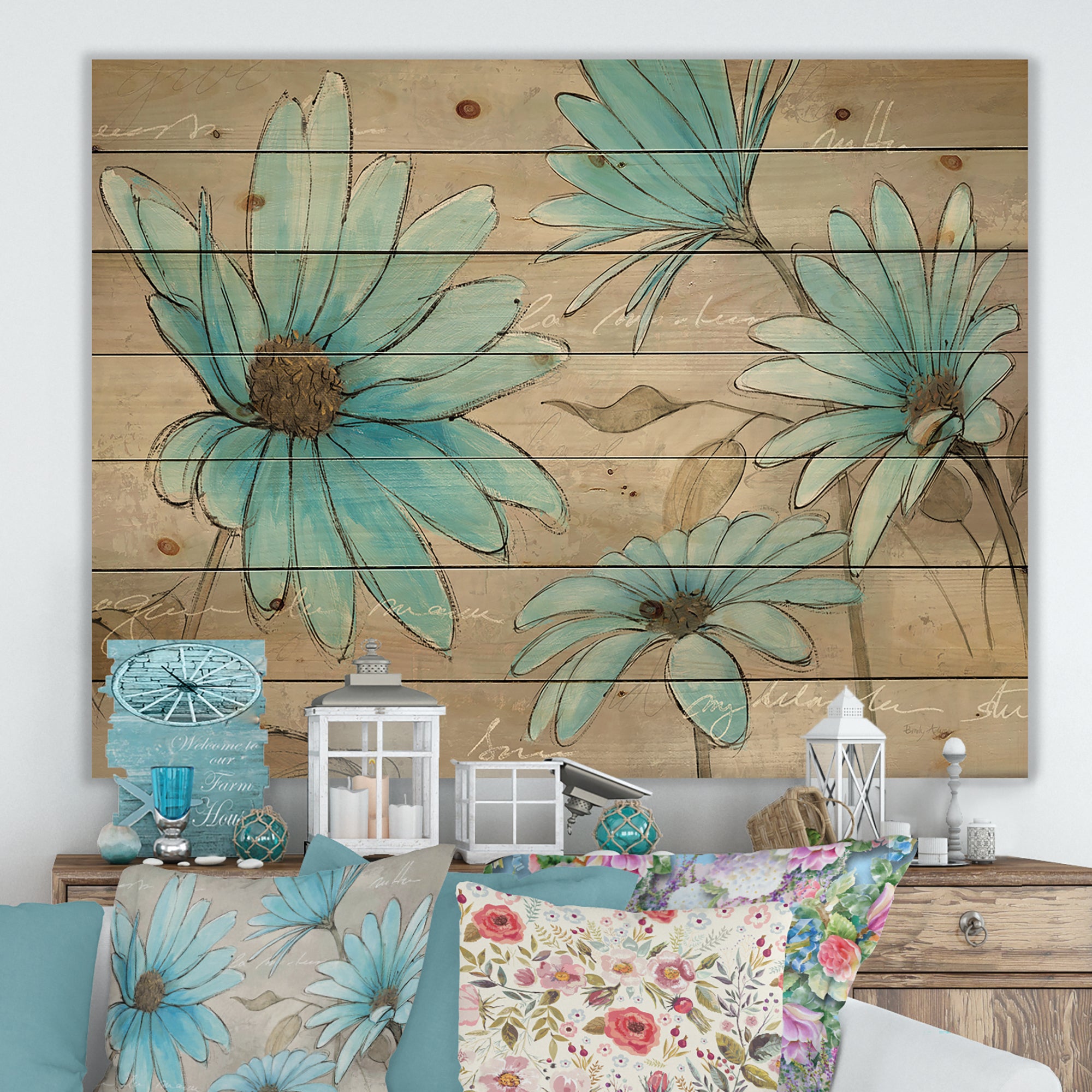 Handpainted Indigo Leucanthemum Cottage Flower - Traditional Print on Natural Pine Wood - 20x15