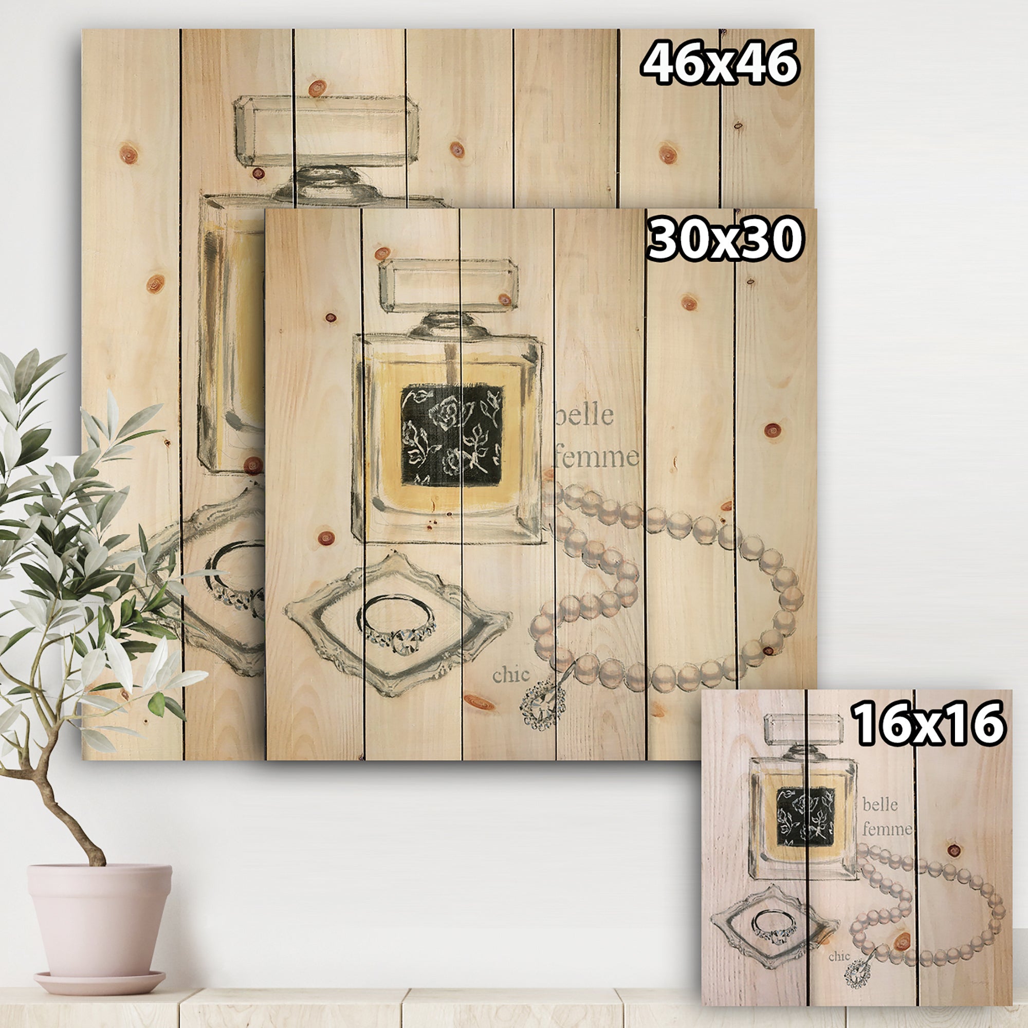 Perfume Glam Bathroom I - Traditional Bathroom Print on Natural Pine Wood - 16x16
