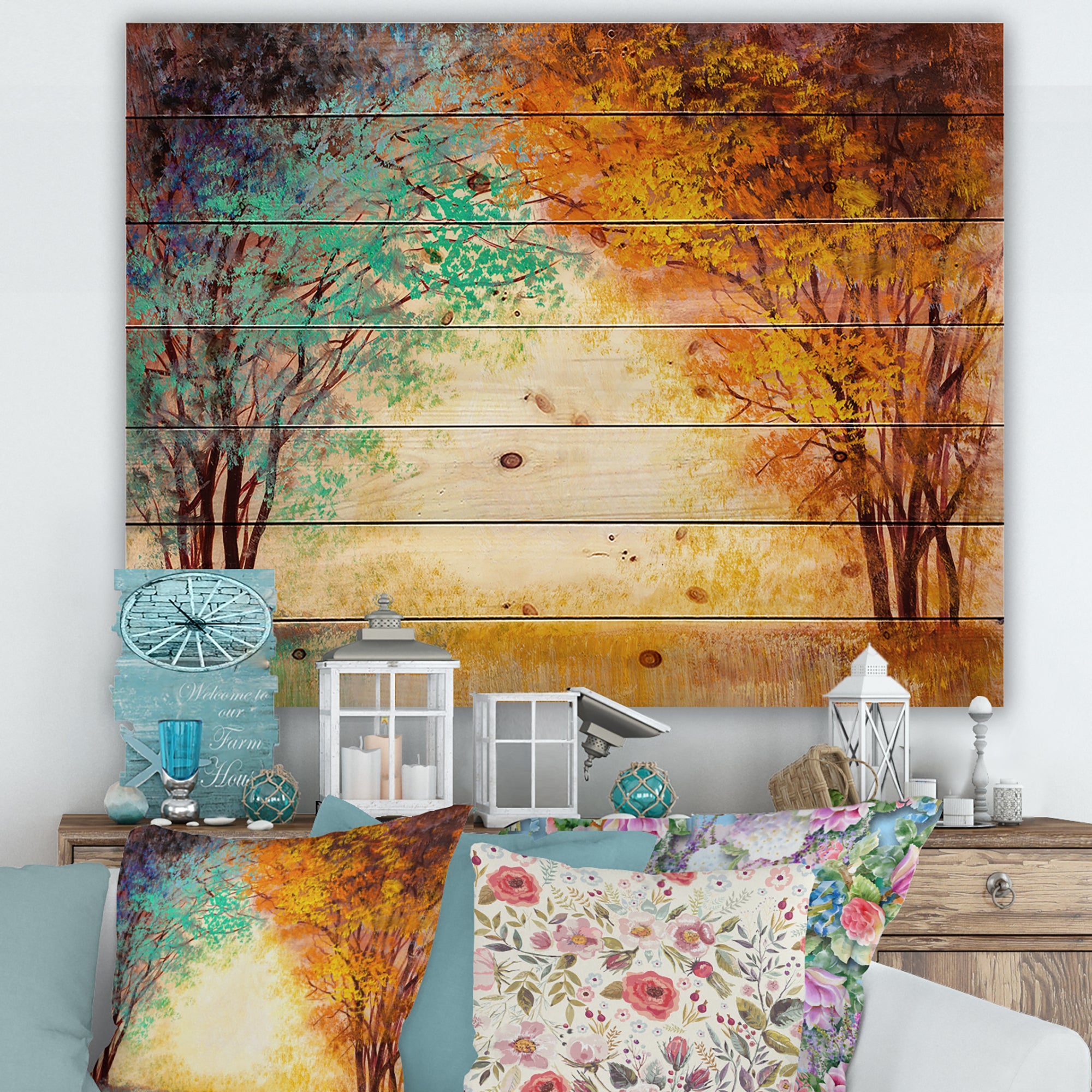 Alley Through The Park In Autumn Sunset - Traditional Print on Natural Pine Wood