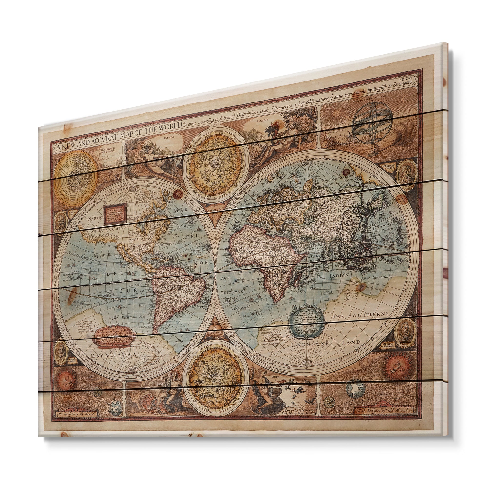 Ancient Map of The World VIII - Vintage Print on Natural Pine Wood