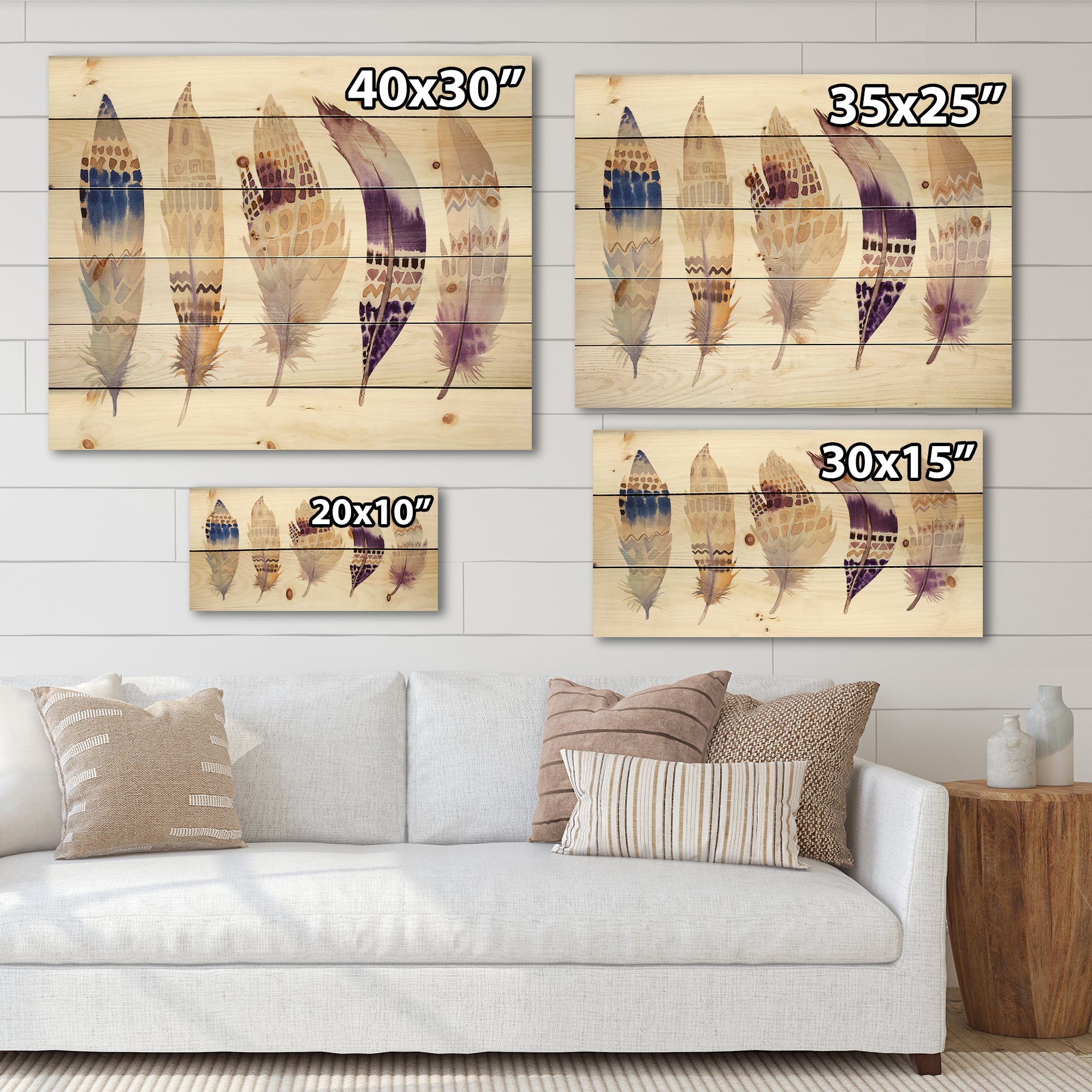 Ethnic Purple Boho Feathers - Bohemian & Eclectic Print on Natural Pine Wood