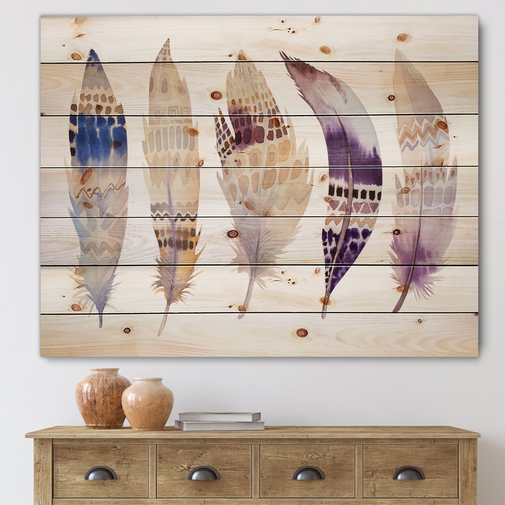 Ethnic Purple Boho Feathers - Bohemian & Eclectic Print on Natural Pine Wood