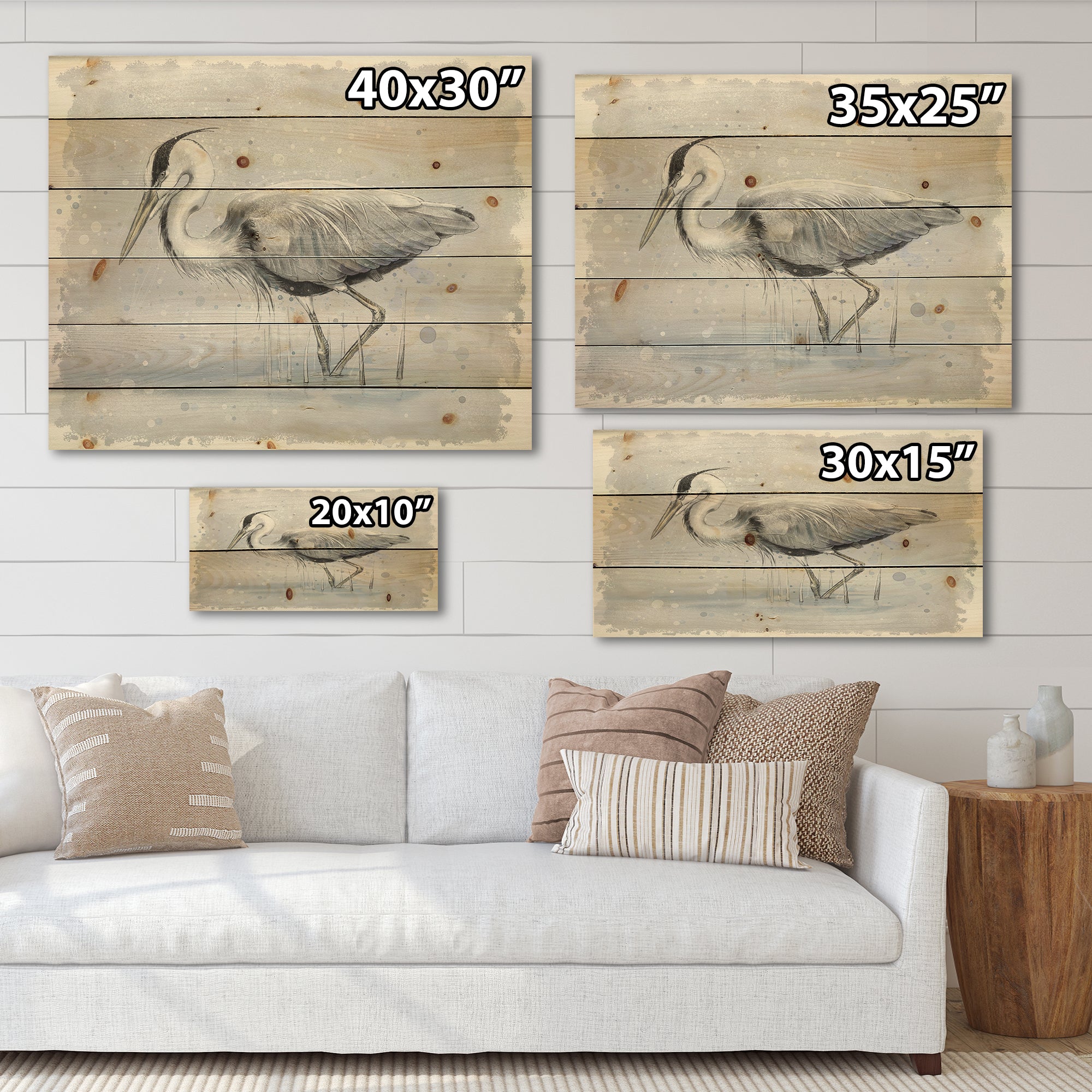 Grey Heron Bird - Farmhouse Print on Natural Pine Wood