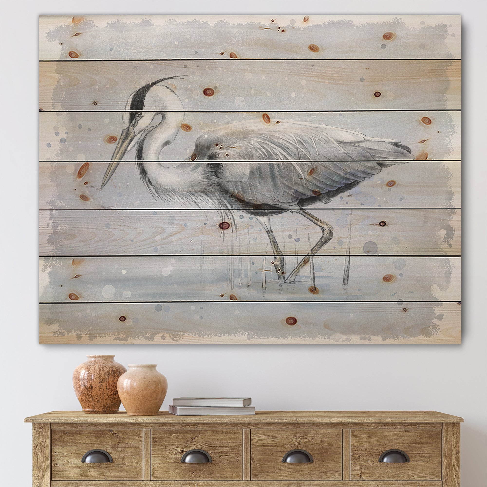 Grey Heron Bird - Farmhouse Print on Natural Pine Wood