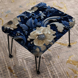 Cobalt Blue Lacework Scrolls Victorian Pattern - Upholstered Cottage Vanity Stool