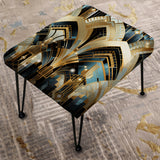 1970S Blue And Gold Damask Art Deco - Upholstered Eclectic Modern Vanity Stool