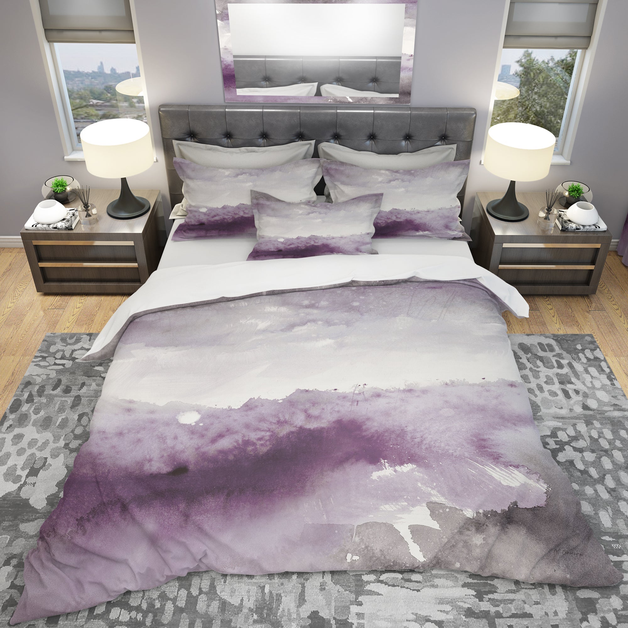 Midnight at the Lake II Amethyst and Grey - Geometric Duvet Cover Set