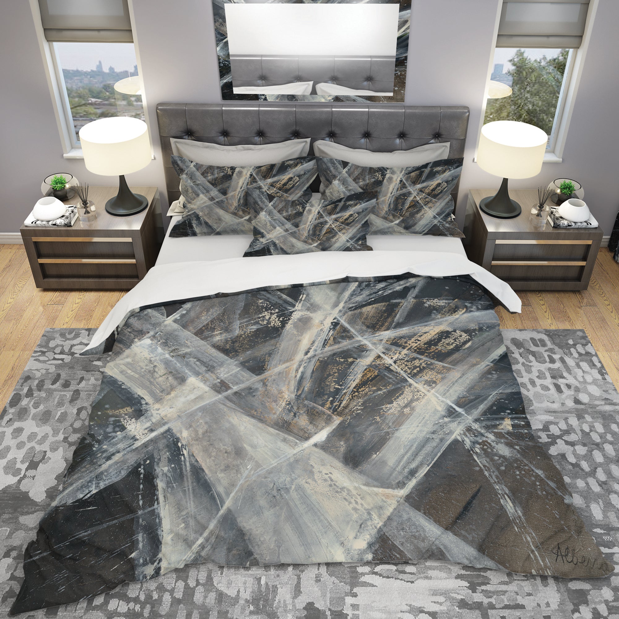Abstract Glacial Black and White Painting - Geometric Duvet Cover Set