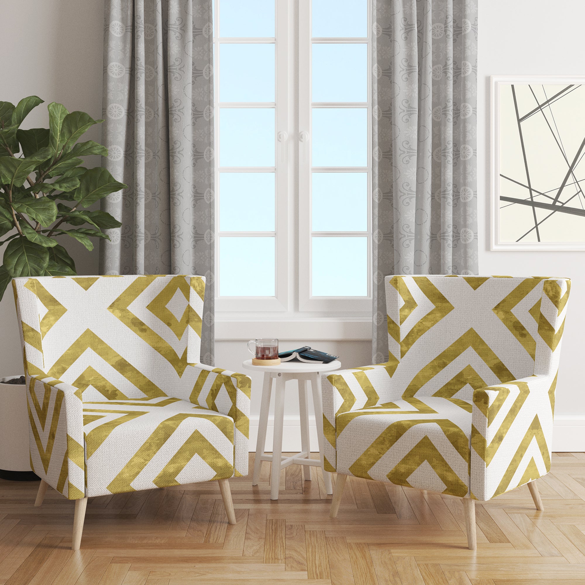 Designart 'White and Gold Pattern' Mid-Century Accent Chair