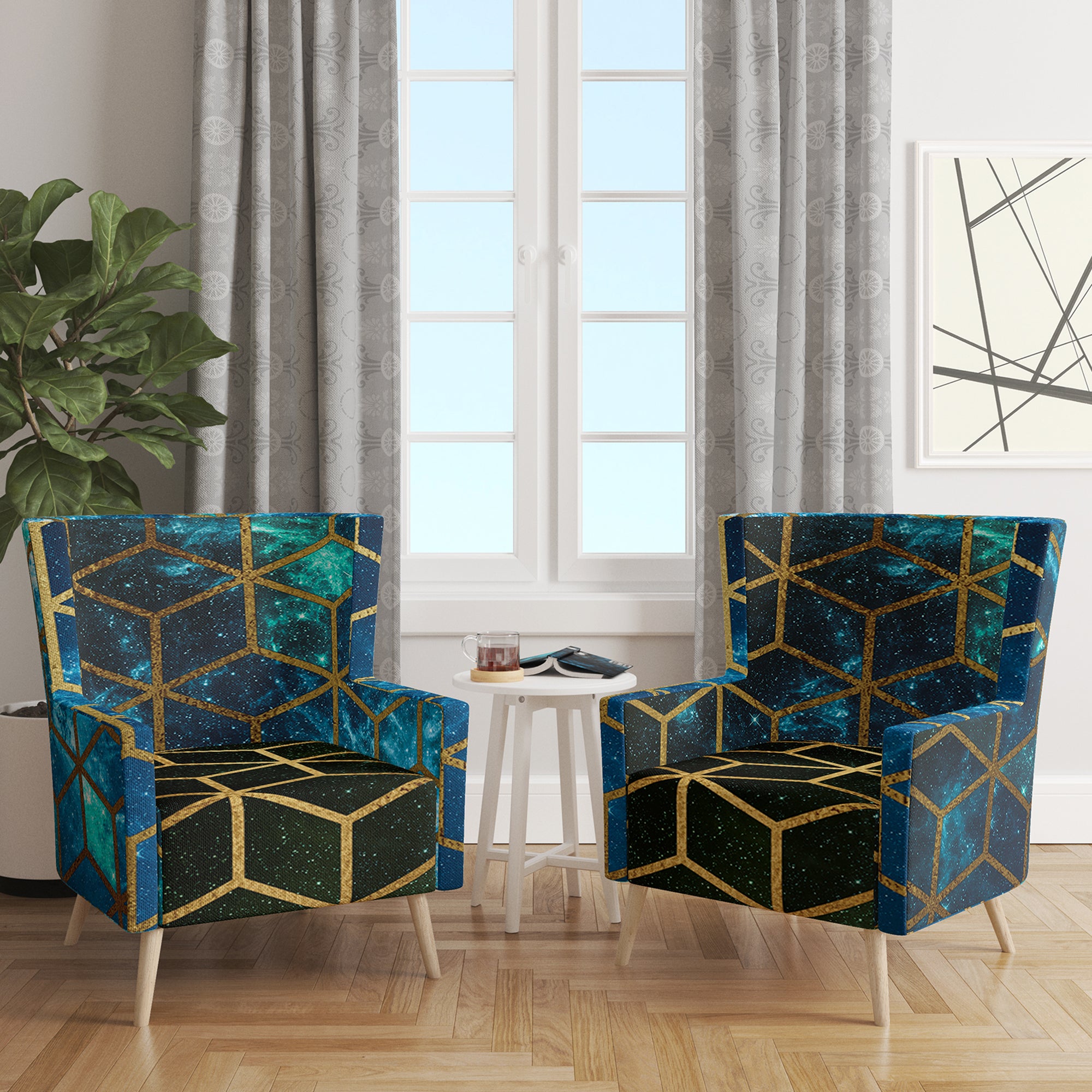 Designart 'Yellow Cubes over Blue Cosmic Background' Modern Accent Chair