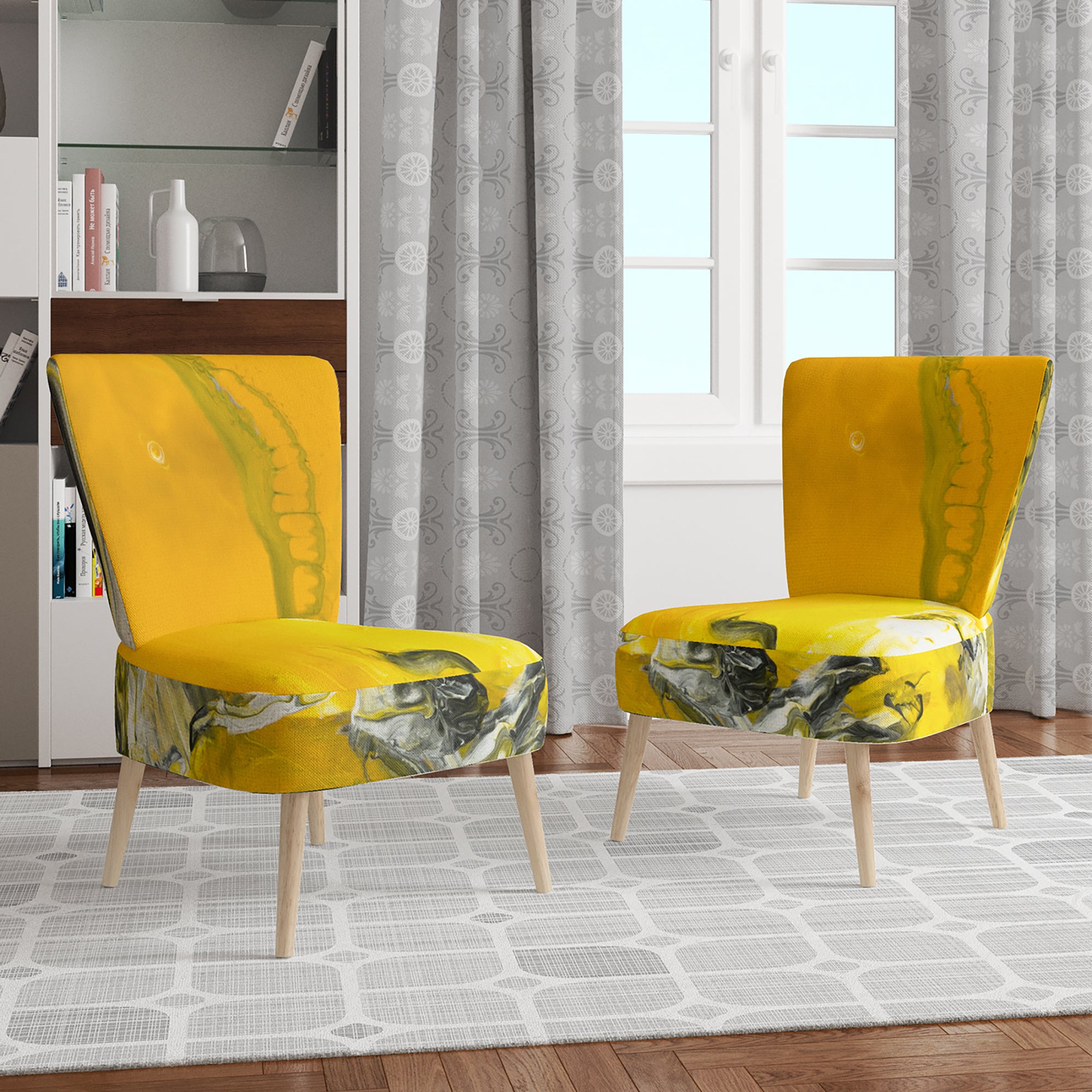 Designart 'White and Yellow Marbled Acrylic with a cloud of Black' Modern Accent Chair